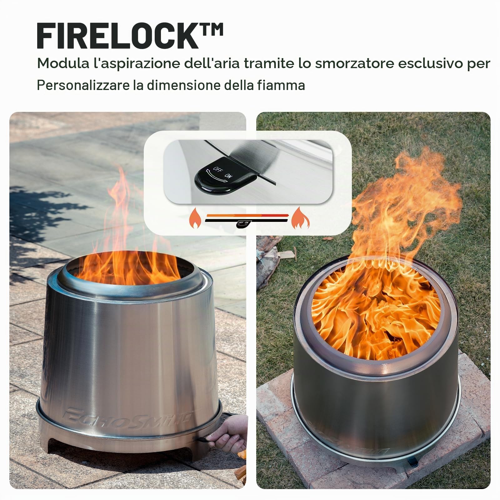 EchoSmile Braciere Senza Fumo da 46 cm con Tripla Combustione e Valvola Regolabile, Cassetto Cenere Rimovibile, Acciaio Inox, Focolare Portatile per Esterni, Giardino, Patio, Campeggio