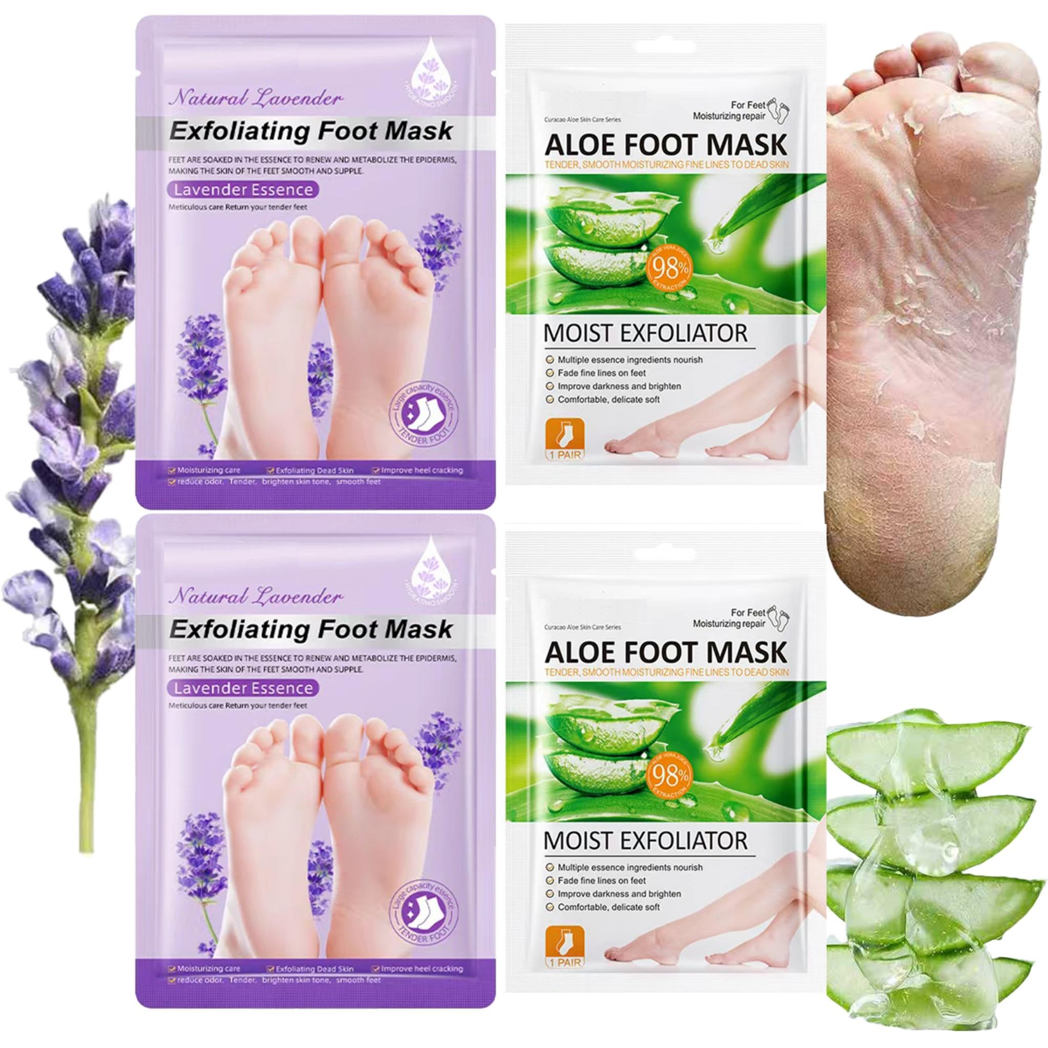 4 Paires Masque Pied Hydratant, Masque Pieds Exfoliant et Nourrissant, soin des pieds, pour Callosités, Crevasses et Pieds Secs et fendillés(2 paires Aloe vera + 2 paires Lavande)