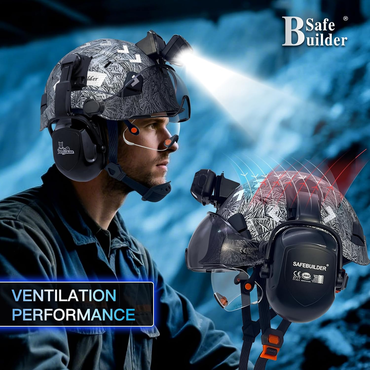 SAFEBUILDER Hard Hats with Visor and Build in Headlight Ear Muffs Lightweight Vented Safety Helmet Headlamp for Construction Industrial Outdoor Work ANSI Z89.1 Approved