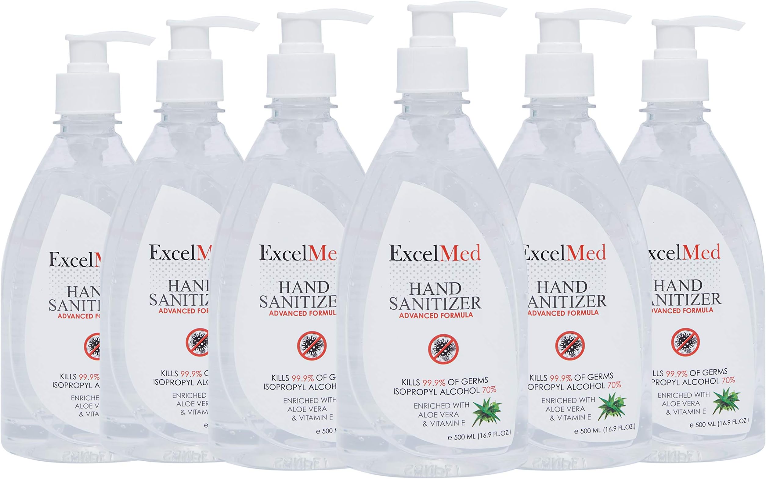 ExcelMedHand Sanitizer Gel 500ml (Package of 6), Aloe Vera + Vitamin E, Packages of 1,3,6 Available