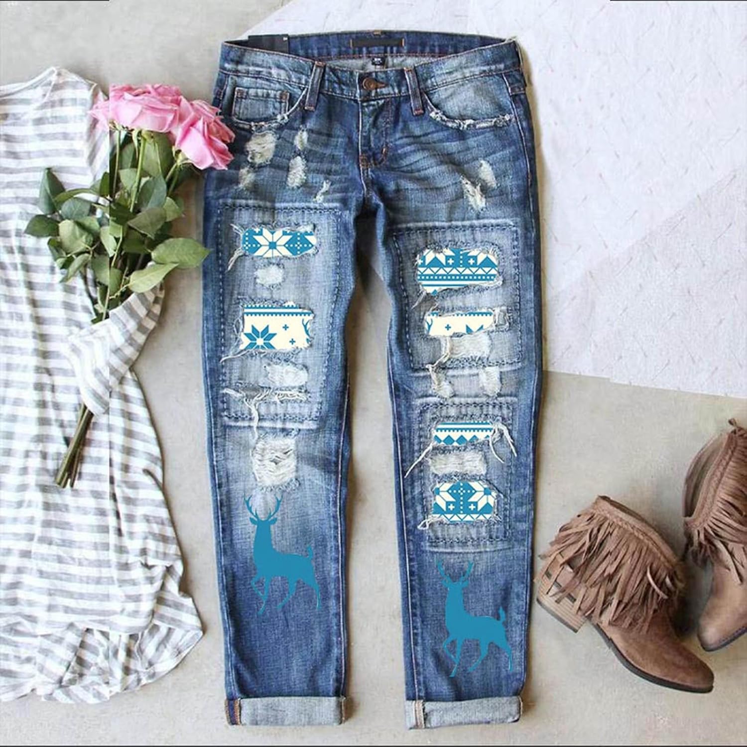 Christmas Jeans for Women Ripped Boyfriend Patchwork Jeans Distressed Skinny Denim with Holes Cute Stretch Jean - Image 2