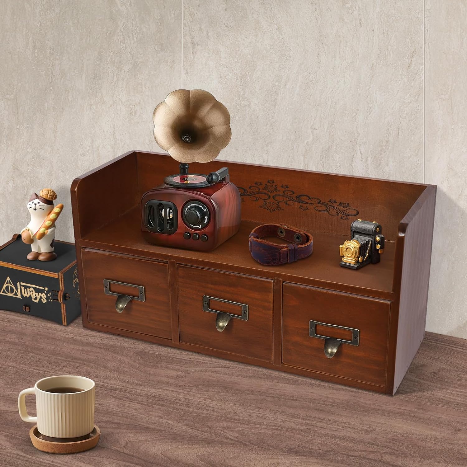 3-Drawer Desktop Organizing Cabinet, Wooden Apothecary Storage Shelf with Label Boxes, Vintage Desk Organizer for Office Bedroom Home, 15.16x5.71x7.28in (3 Drawer)