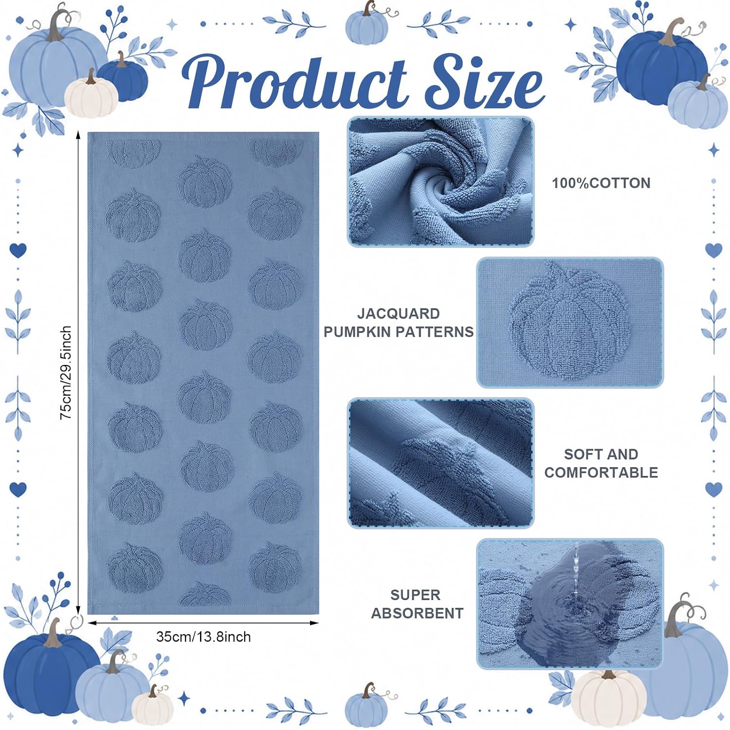 3 Pcs 3D Jacquard Pumpkin Towels Blue Fall Bathroom Hand Towel Decor
