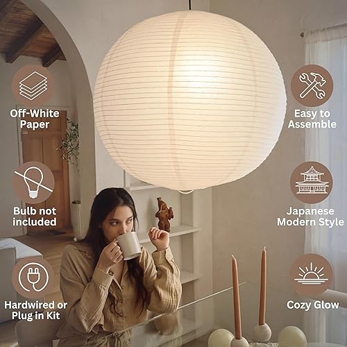 Miniatura 6 de Nogy Lámpara colgante de papel estilo japonés, pantalla de papel colgante de arroz blanco roto con cable (enchufe (15 pies), 19.6 pulgadas