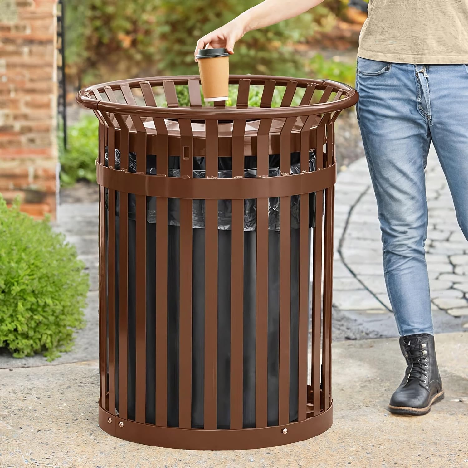 Heavy-Duty 36 Gallon Trash Can, Brown Outdoor Waste Bin Steel Slatted, Commercial Round Recycle Container, Durable Garbage Can for Parks, Municipalities, Schools, Parking
