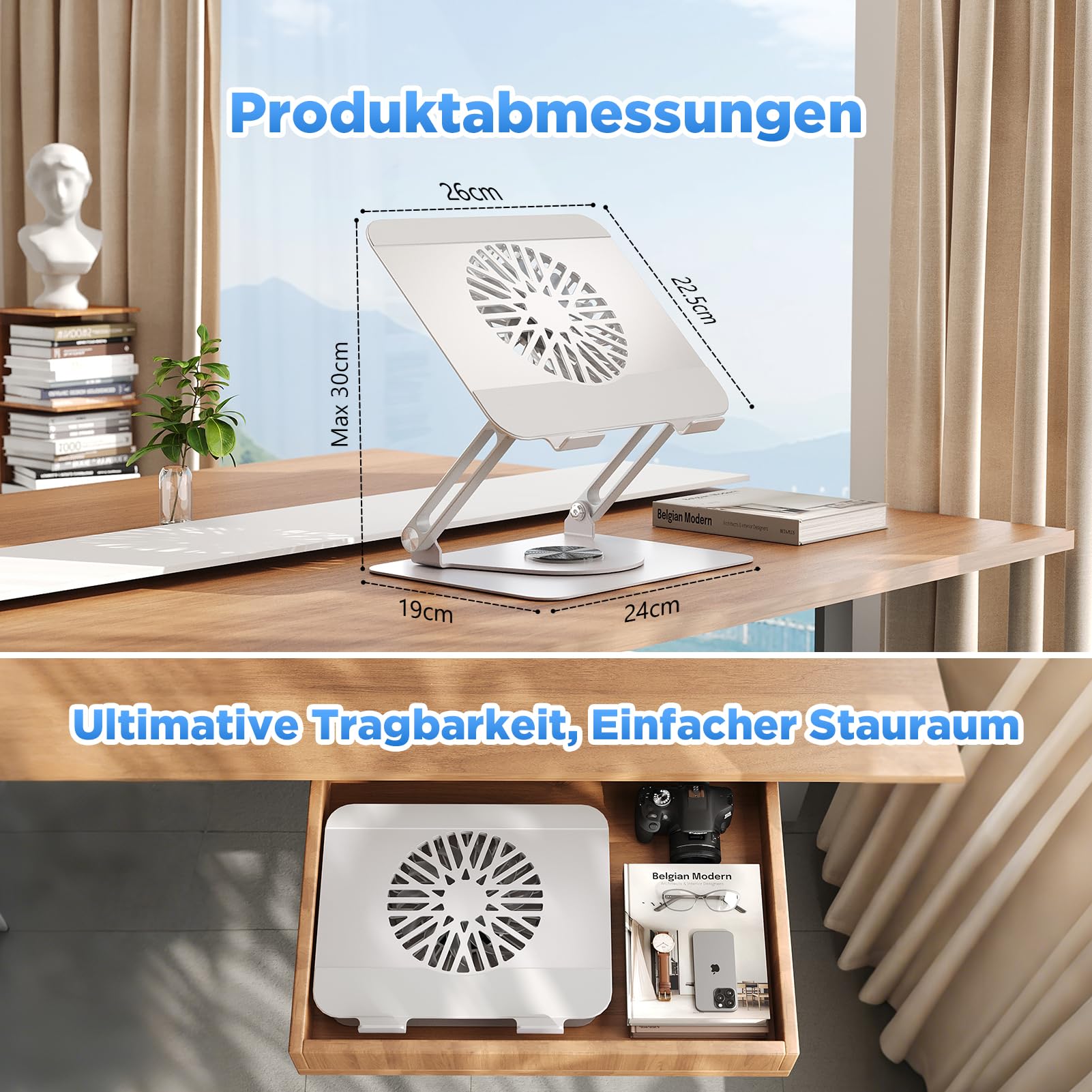 ICARE Laptop Ständer mit Magnetischem RGB Laptop Kühler, 360° drehbar, 10KG Tragkraft und 18dB Leise, ergonomischer Halterung für Laptops und Tablets bis 16 Zoll