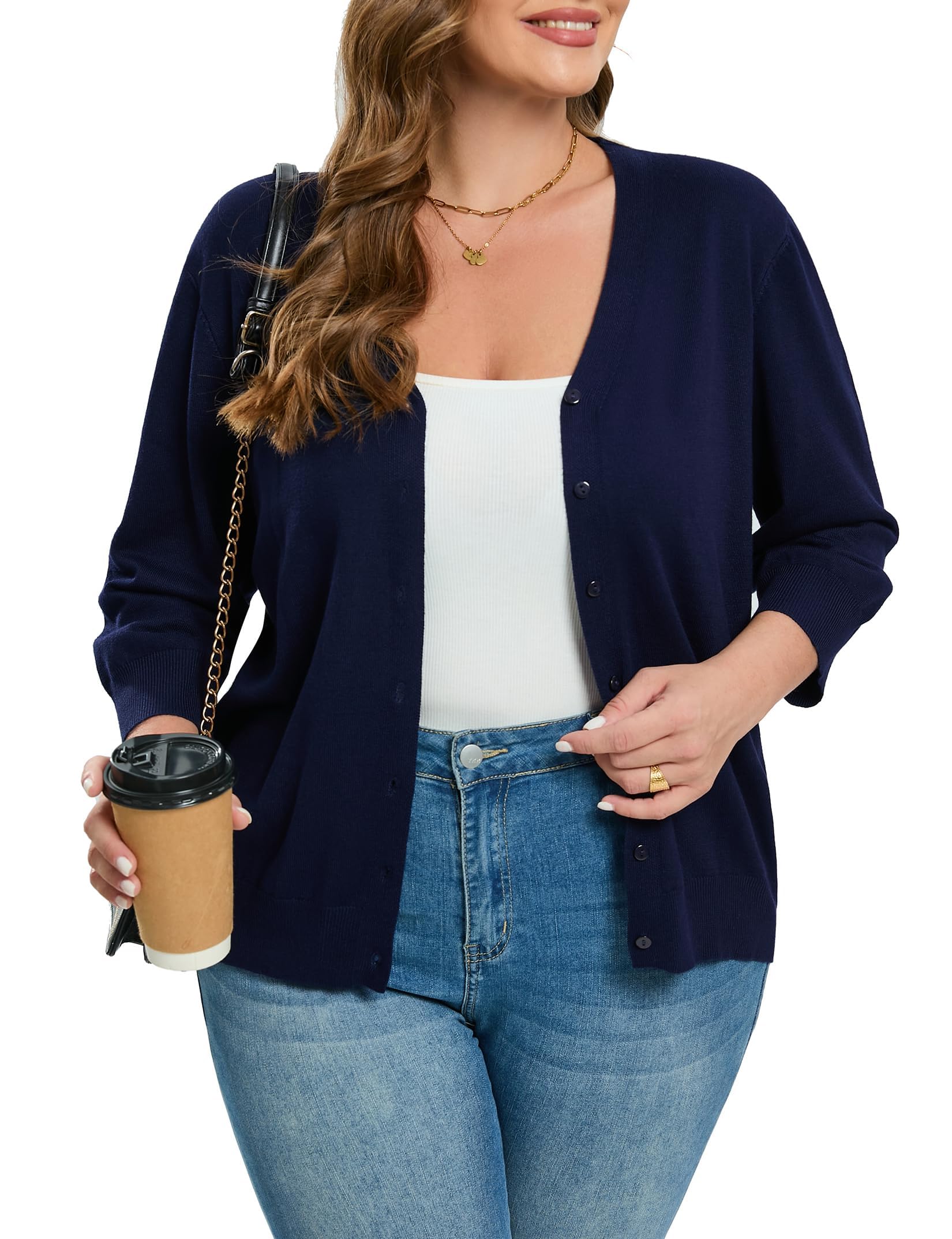 Women's Plus Size Cardigan Open Front Oversized Button Lightweight Sweaters V Neck Loose 3/4 Sleeve Cardigans Knit Outwear