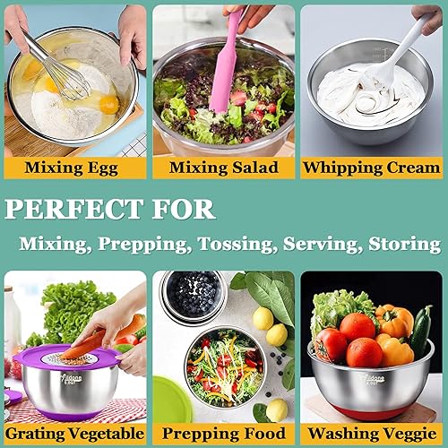 Miniatura 11 de Wildone - Cuencos para mezclar con tapas herméticas, 22 cuencos de acero inoxidable, 3 accesorios de rallador, marcas de medición y parte inferior