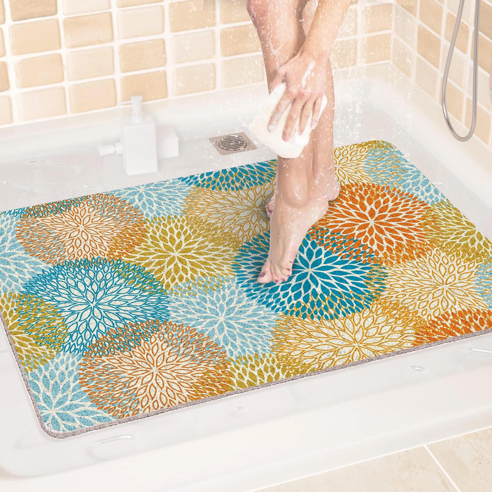 Loofah Shower Mat, Non Slip Bath Mats with Drain for inside, Soft Comfort Massage PVC Bath Rugs Quick Drying for Bathroom (140x150cm, Orange Cyan)