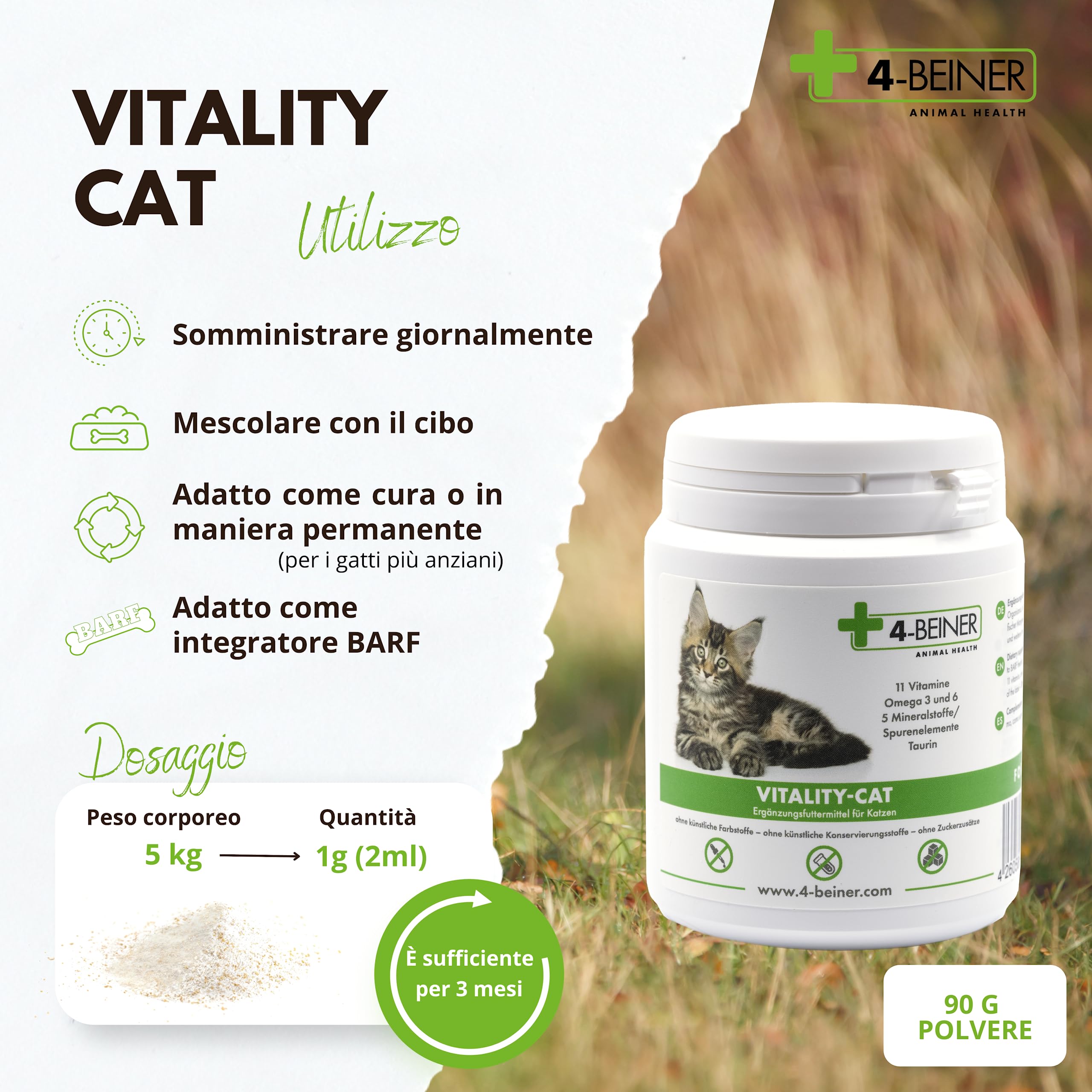 4-BEINER VITALITY-CAT, 11 vitamine per gatti più Omega 3, Omega 6, Zinco, Selenio, Manganese, Rame, Ferro, Taurina, Multivitamine per gatti, polvere