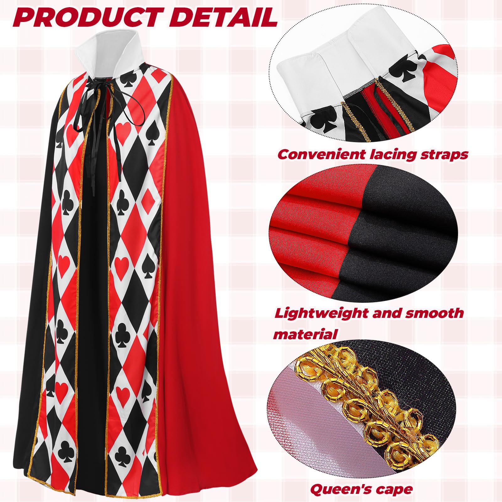 Maazusa Halloween Queen Costume for Women 4Pcs Queen Heart Cape Fancy Dress Outfits with Gloves Crown Headband Earrings Cape for Halloween Carnival Cosplay Party - Image 4