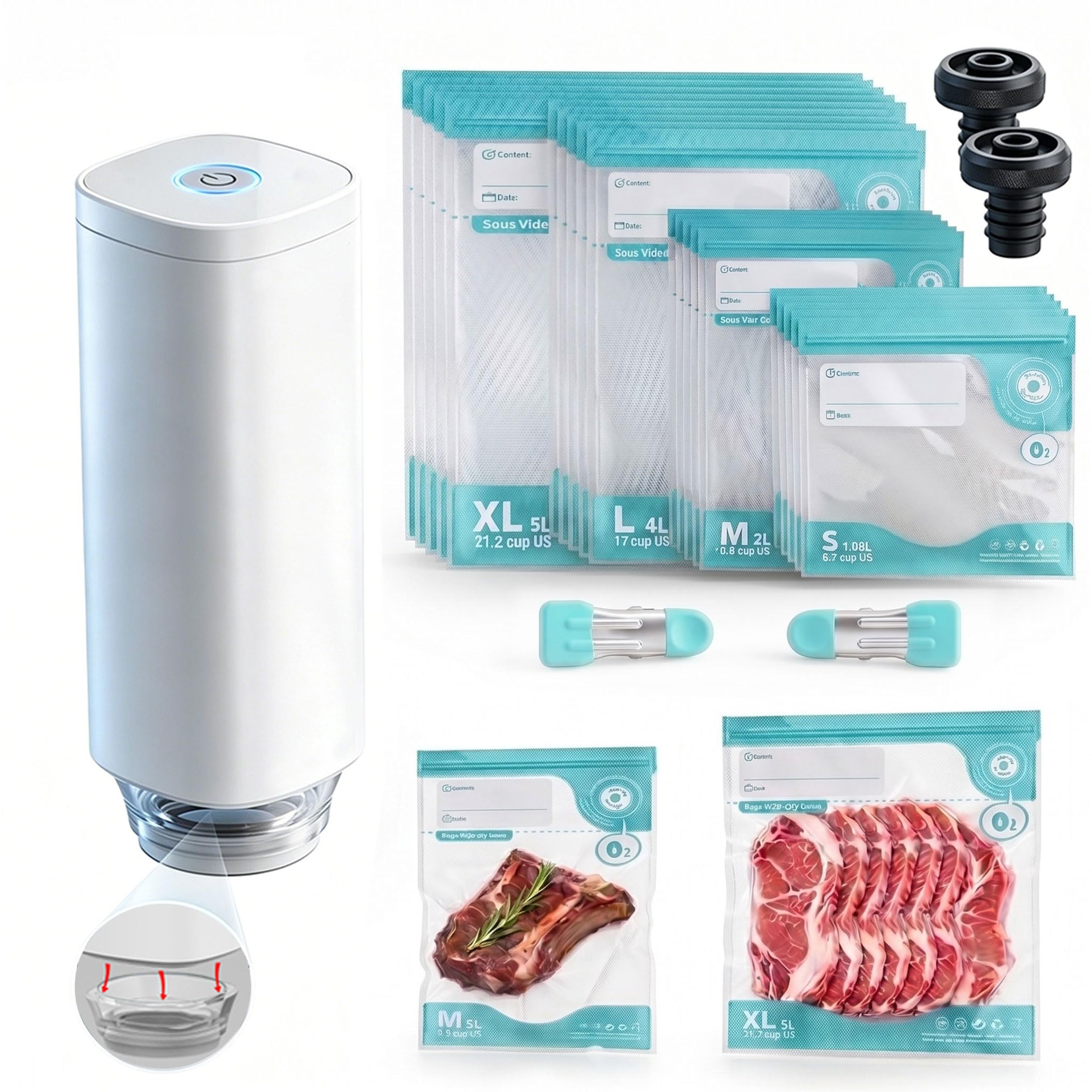 Elektryczna zgrzewarka próżniowa, sous vide, przenośna mini zgrzewarka próżniowa z 20 szt. worków wielokrotnego użytku, 4 klipsy uszczelniające, 2 klipsy do gotowania Sous Vide, 2 próżniowe korki do