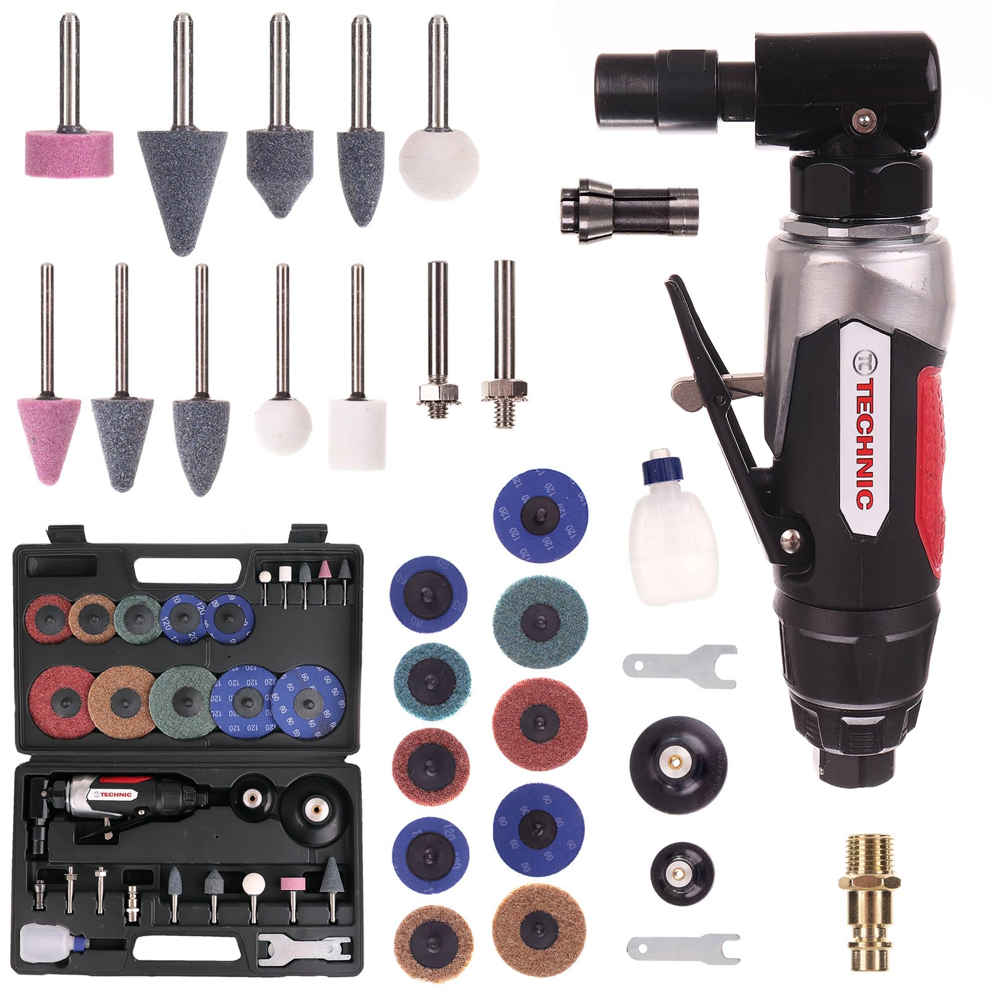 TC TECHNIC - Druckluft Stabschleifer, Luftschleifer Geradschleifer Set mit Accessoires - Satz Schleifsteine in vielen Formen - 6mm und 3mm, Druckluft Schleifgerät - 20.000 Umdrehungen pro Minute