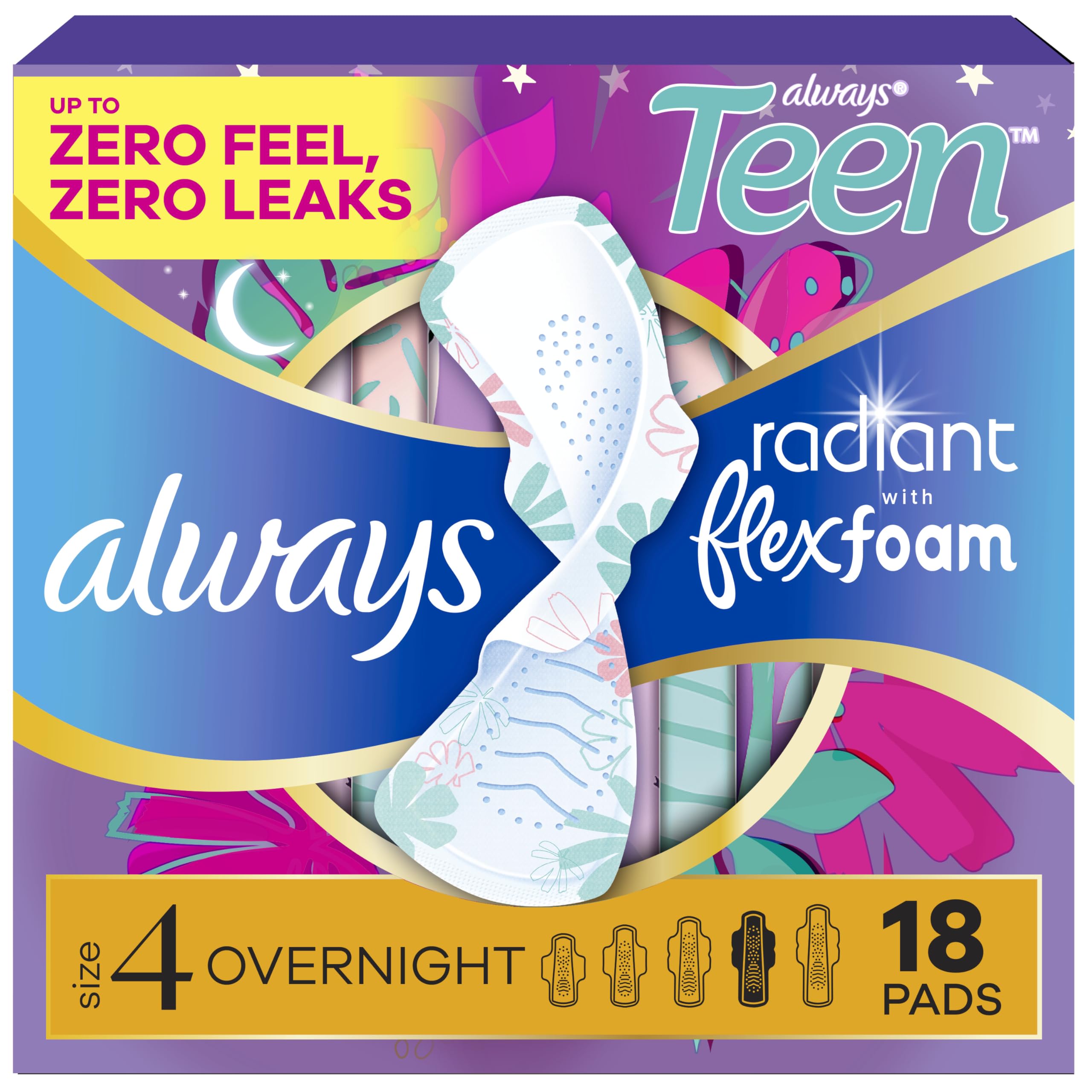 Always Radiant Teen with FlexFoam Pads, Size 4, Overnight Absorbency, with Wings, Unscented, Up to Zero leaks, Zero Feel Protection, 18 Count