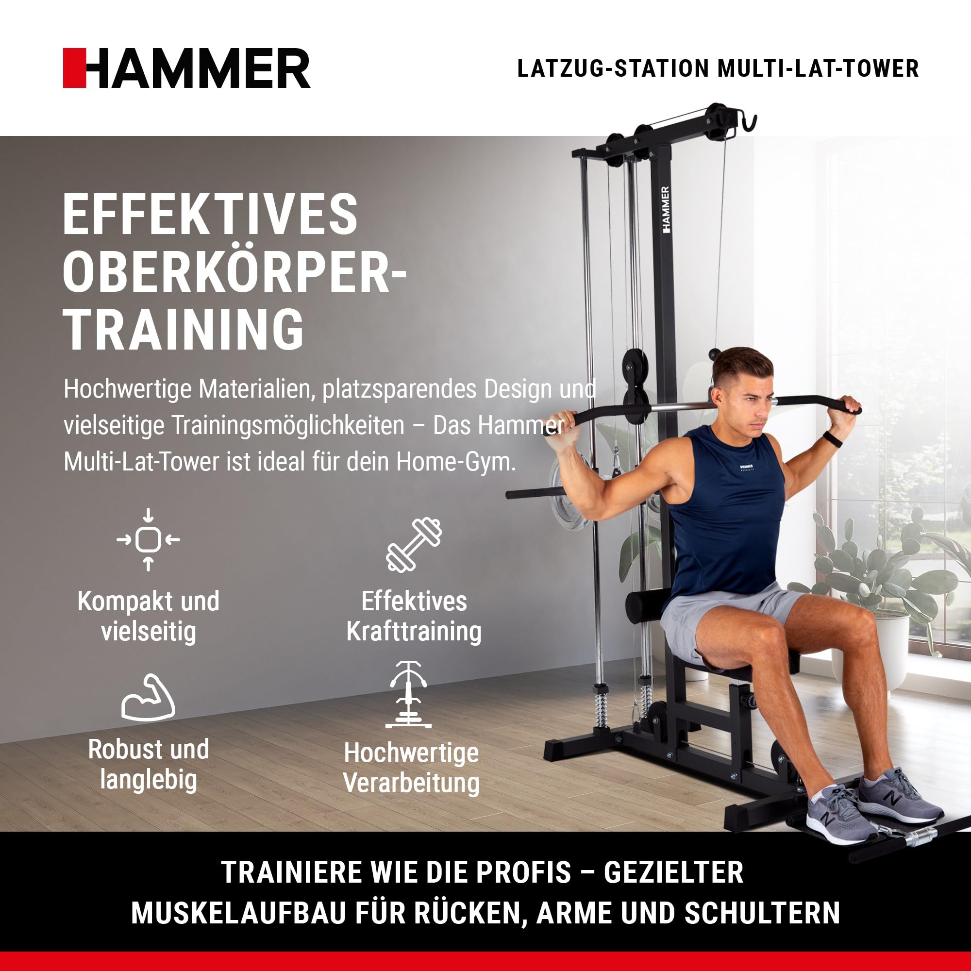 HAMMER Finnlo Latzug-Station Multi-Lat-Tower - Übungen für Rücken Arme Schultern Bauch, 120 kg belastbare Gewichtsauflage, Kraftstation 141x120x210cm