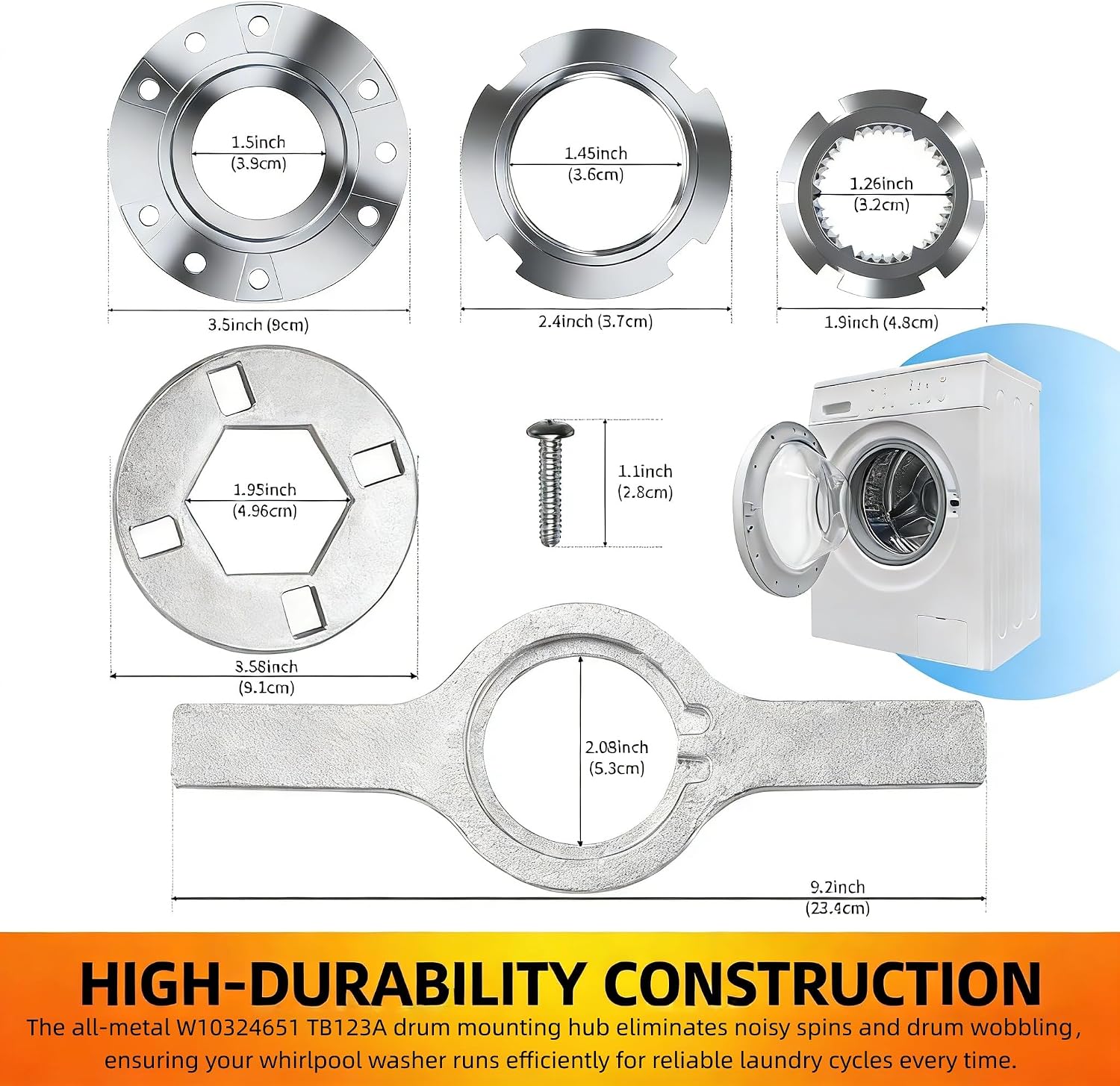 W10324651 Drive Hub with TB123A Spanner Wrench - All-Metal Replacement for Whirlpool Washer, Fits WTW5000DW3 WTW4855HW1 MVWX655DW1