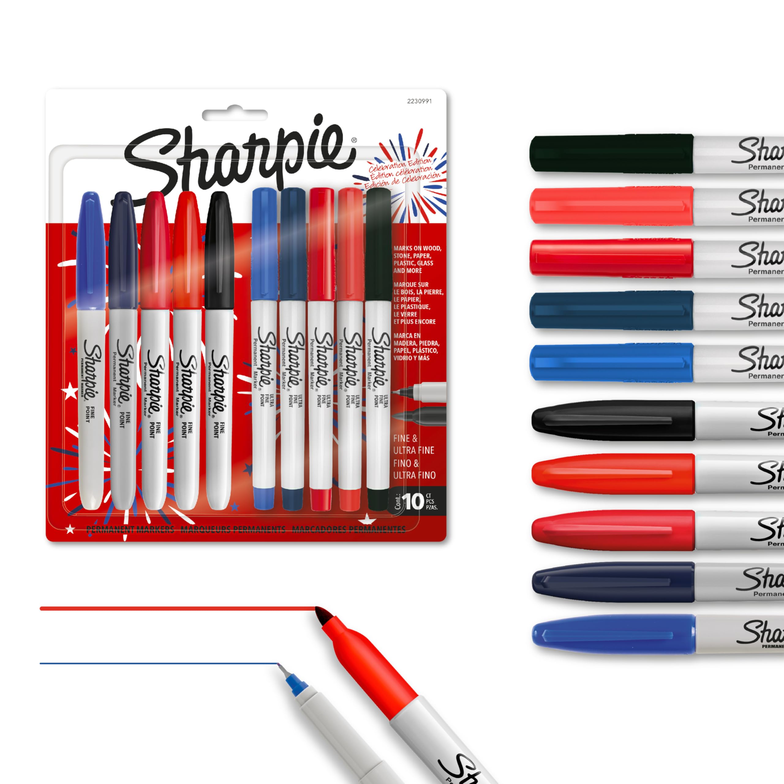 Sharpie® Permanent Markers, Fine and Ultra-Fine Points, Assorted, 10 Count, USA 250th Anniversary Edition