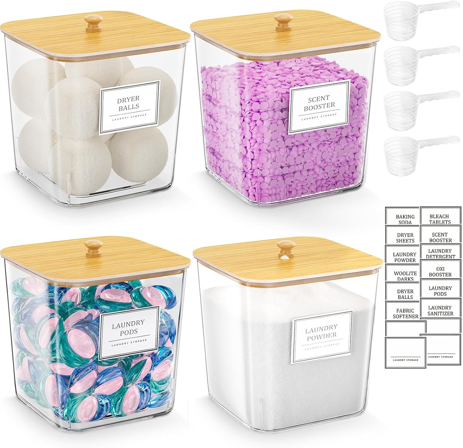 4 Pack Clear Laundry Pod Container, Laundry Room Organization Containers with Wooden Lids & Labels