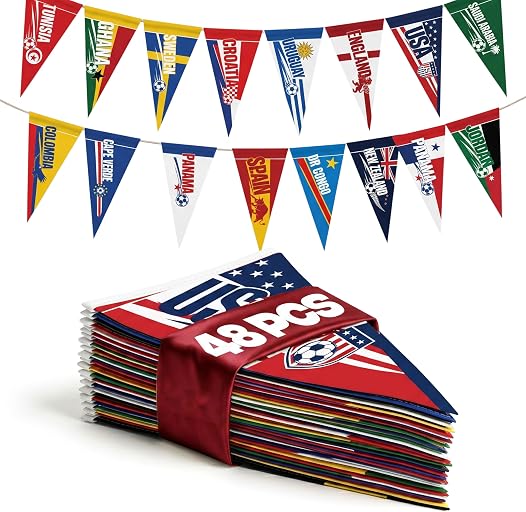 2026 World Cup Country Flag Pennants 48Pcs (10x23cm) Triangle Flags Polyester rope 15m - Soccer Nations Flags Bunting Pennant for Party Decorations for Tournaments, Garden, Streets & Pub Bar