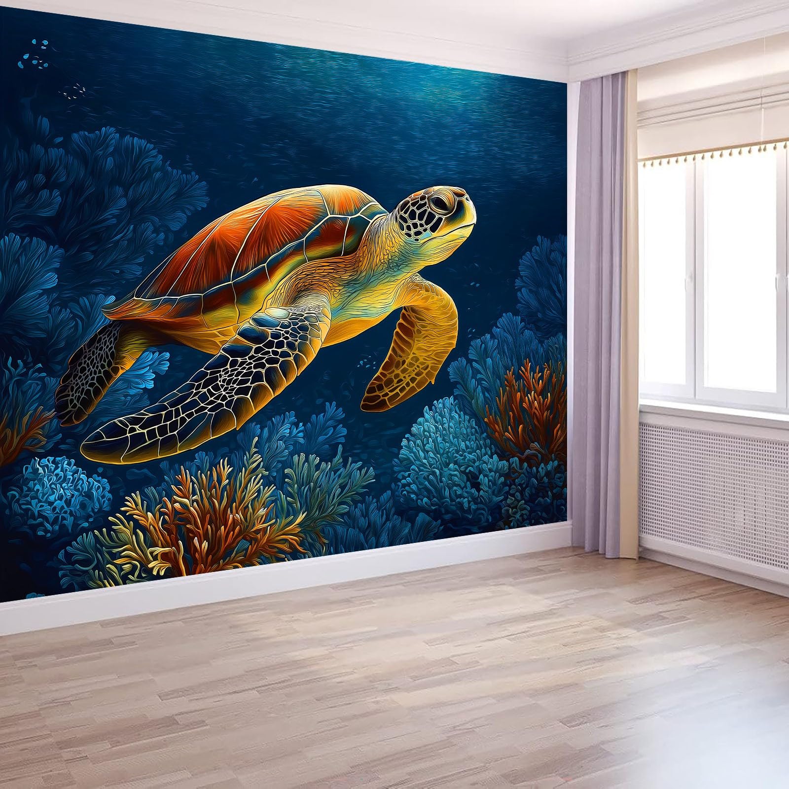 Fototapeta z włókniny, styl kreskówkowy, tapeta 200 x 140 cm (szer. x wys.), nowoczesna tapeta z włókniny, efekt 3D, dekoracja ścienna, morze, rafa koralowa, żółw, tapeta z motywem, tapeta ścienna
