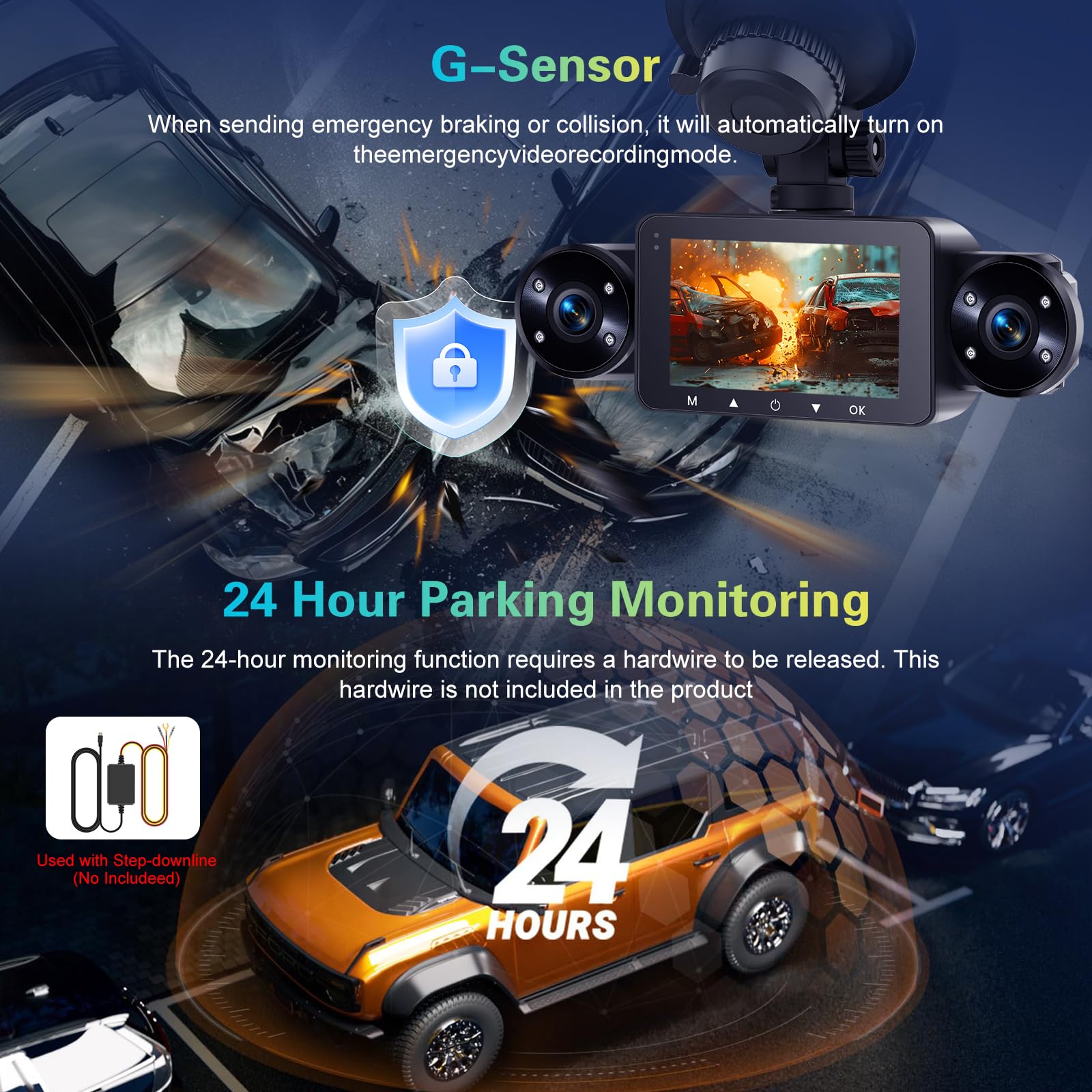 Dash CAM Delantera y Trasera en El Interior, Dash CAM de 4 Canales Pantalla IPS de 3" Delantera y Trasera con Sensor-G, Estacionamiento Las 24H, Visión Nocturna, Grabación en Bucle +Tarjeta de 64 GB