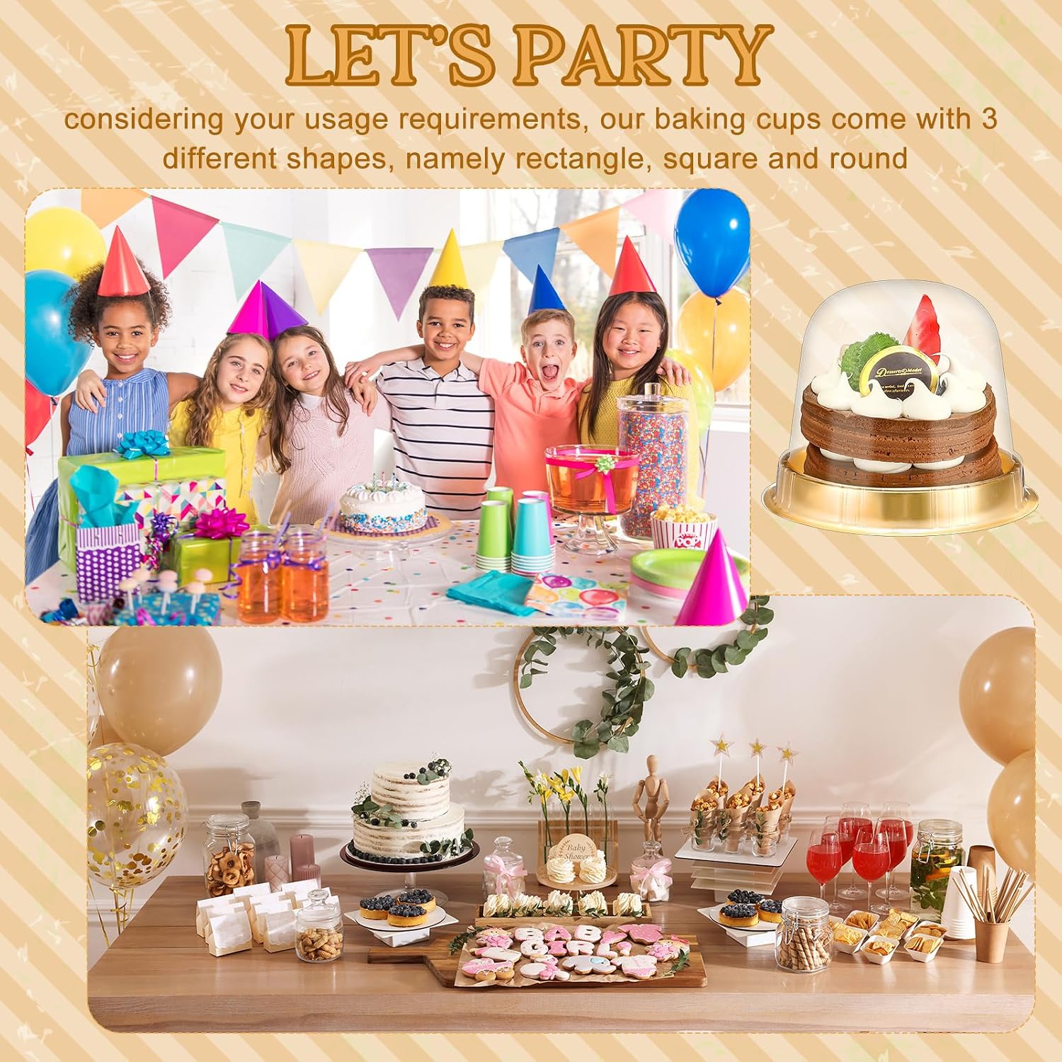60 Pack Cake Slice Containers with Lids, Round Square Triangle | Disposable Plastic Boxes for Individual Servings, Ideal for Bakery Display, Cupcakes, Cheesecake, Pies, Party Desserts