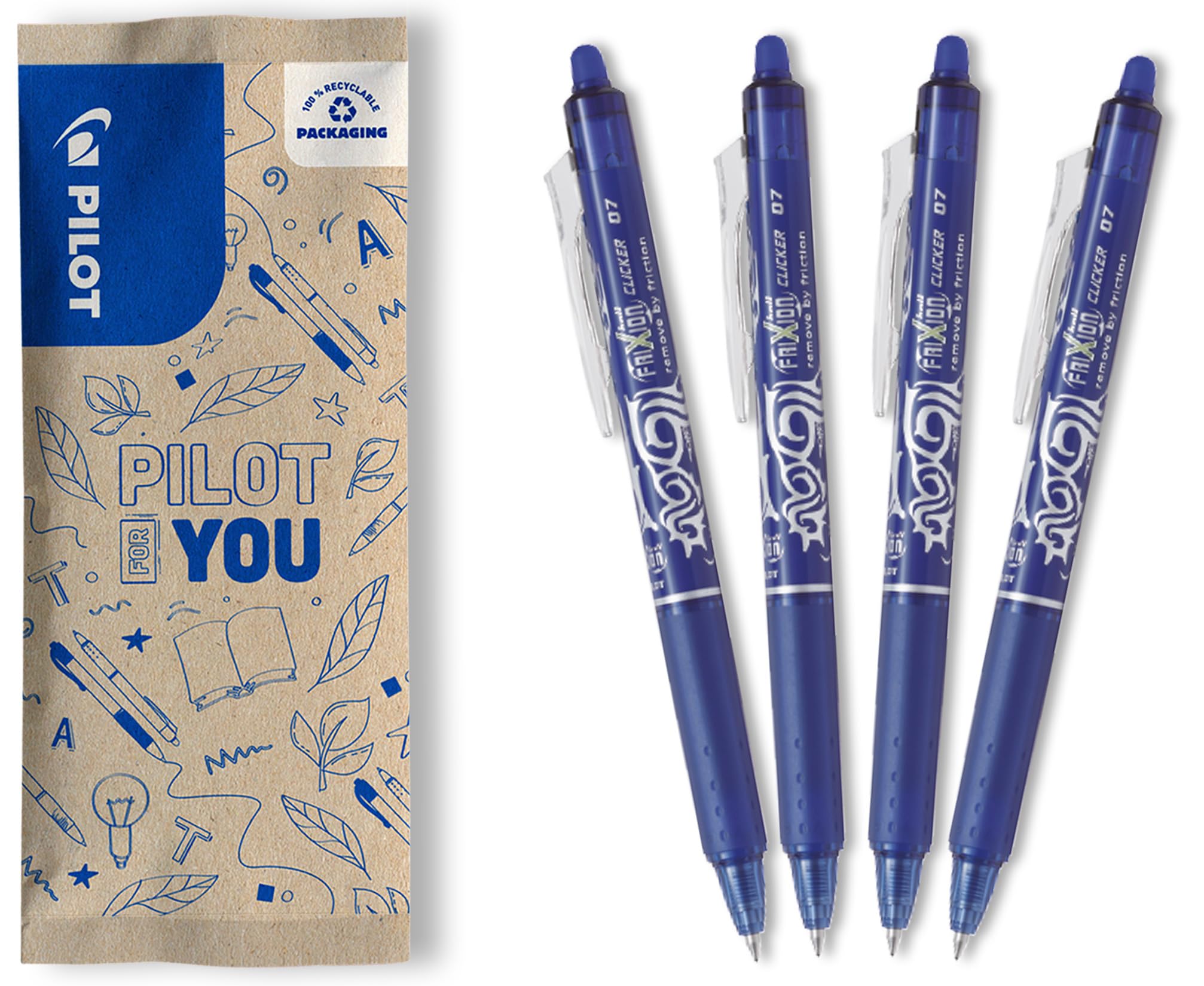 PILOT - Pack de 4 bolígrafos FriXion Ball Clicker 07 - Bolígrafo Borrable con Tinta Termosensible - Bolígrafo Roller Retráctil y Recargable - Azul - Punta Media