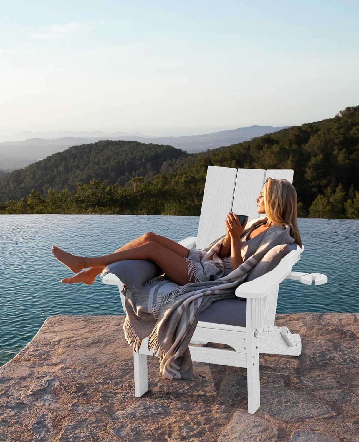 SERWALL Modern Folding Adirondack Chair with Cup Holders, All Weather Resistant Outdoor Adirondack Chair, HDPE Fire Pit Chair for Patio Lawn Graden, White - Image 9