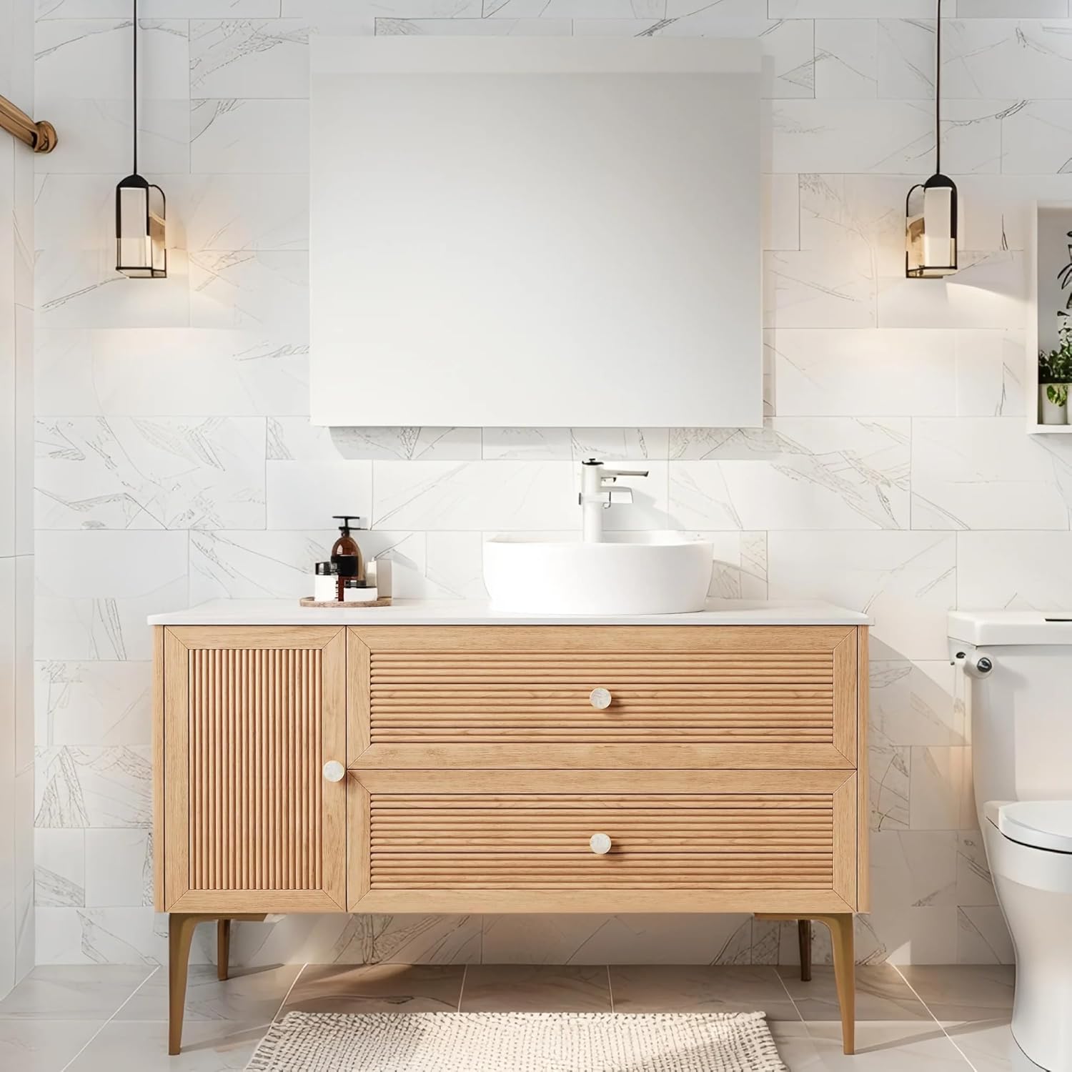 36" Bathroom Vanity, Freestanding Plywood Storage Cabinet with Ceramic Basin & 4 Metal Legs, 2 Drawers and 1 Soft-Close Door, Pre-Assembled, Oak Woodgrain Color