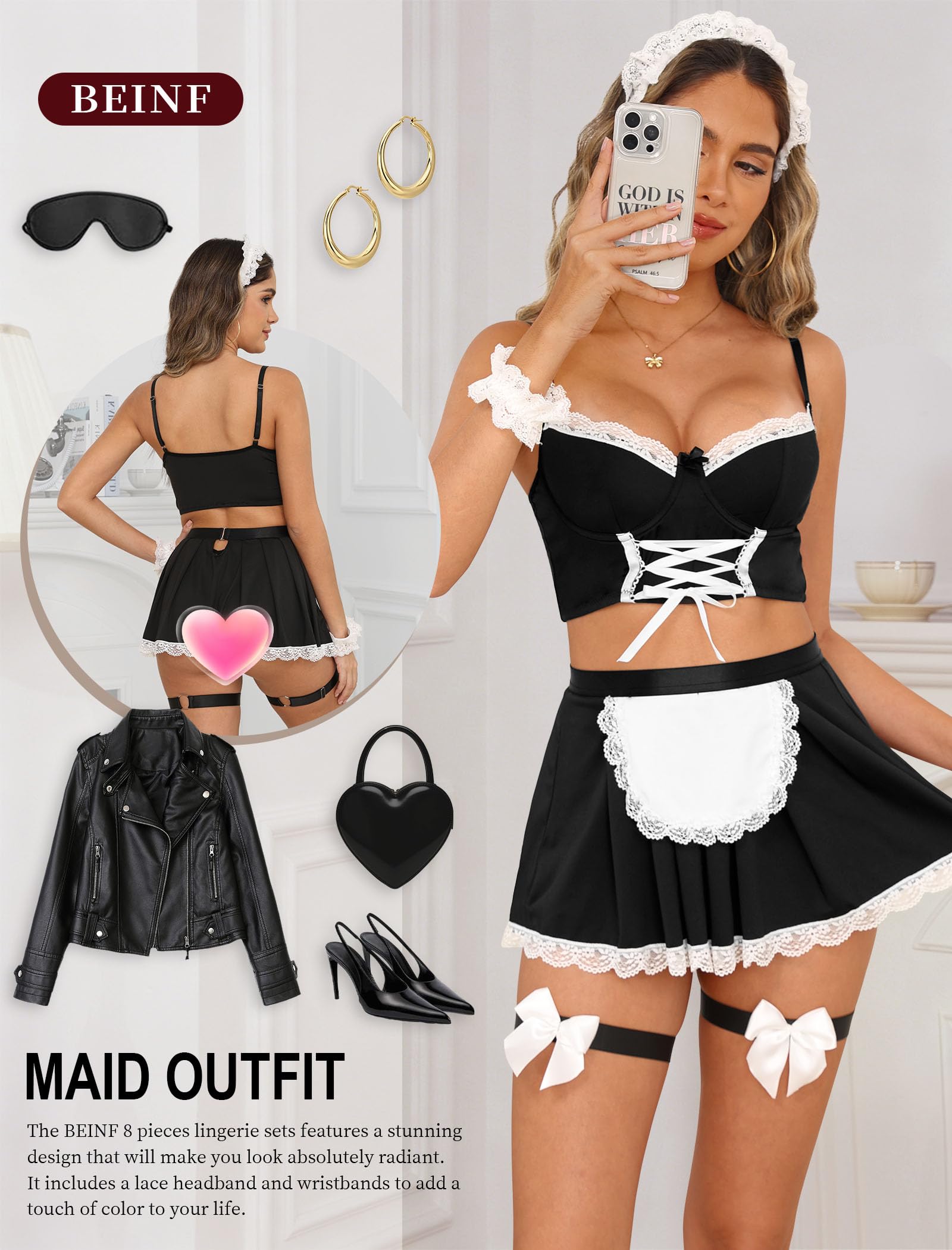 Damen Dessous Sexy Unterwäsche Maid Outfit Kostüm Negligee 8-Teiliges | Sexy Outfit für Damen,Maid Dessous Set,Frauen Y2K Spitzen Negligee,Höschen,Thigh Cuff,Haarbänder,Armbänder,Cosplay Uniform