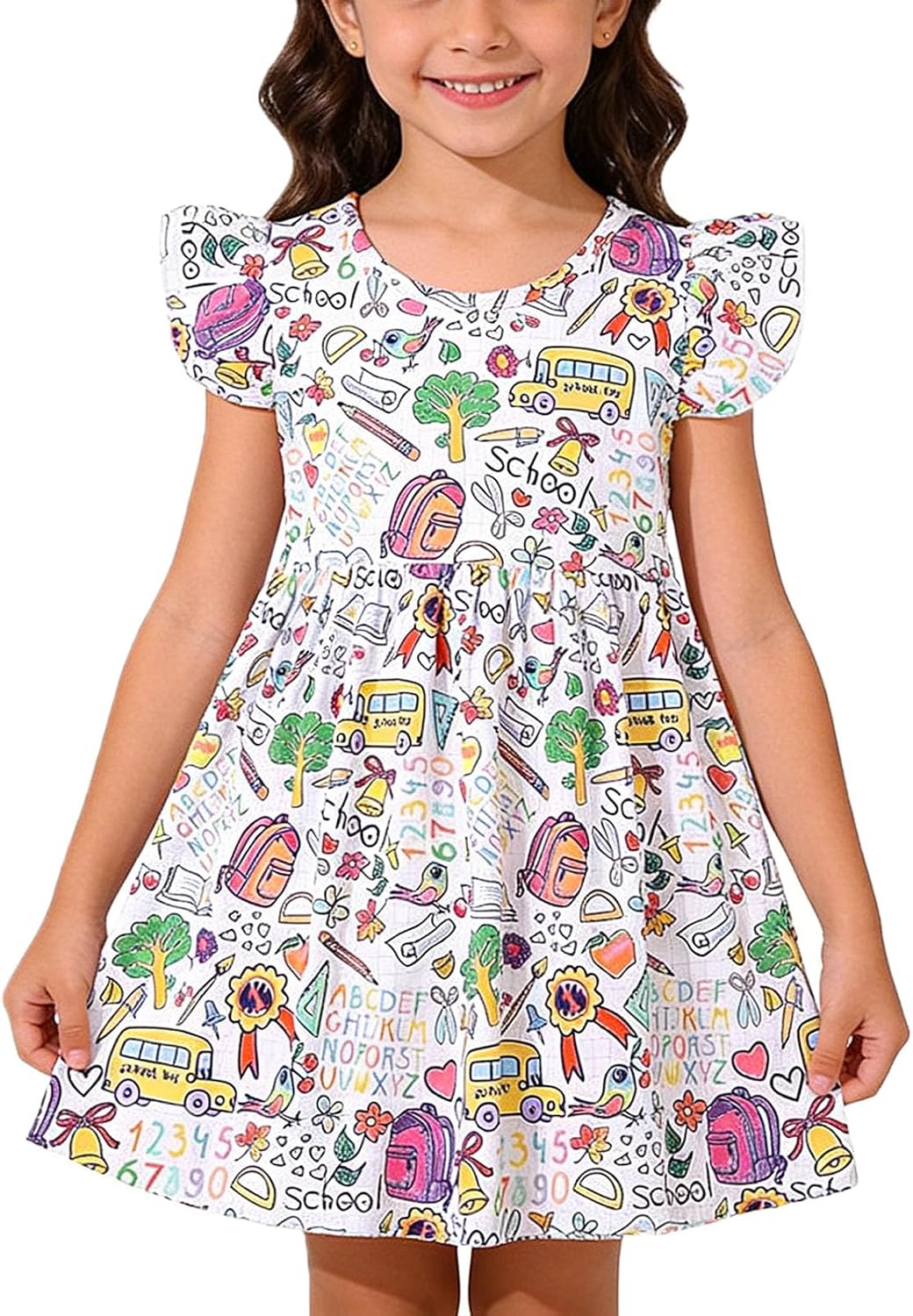 Toddler Girls Back to School Print Dresses Pencil Flutter Sleeve Clothes School Outfits 2-8Y