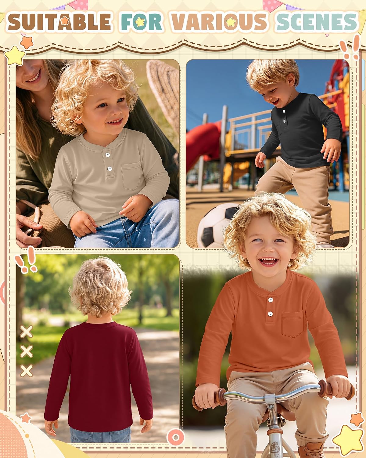 4 Pack Toddler Boys Long Sleeve Henley Shirts