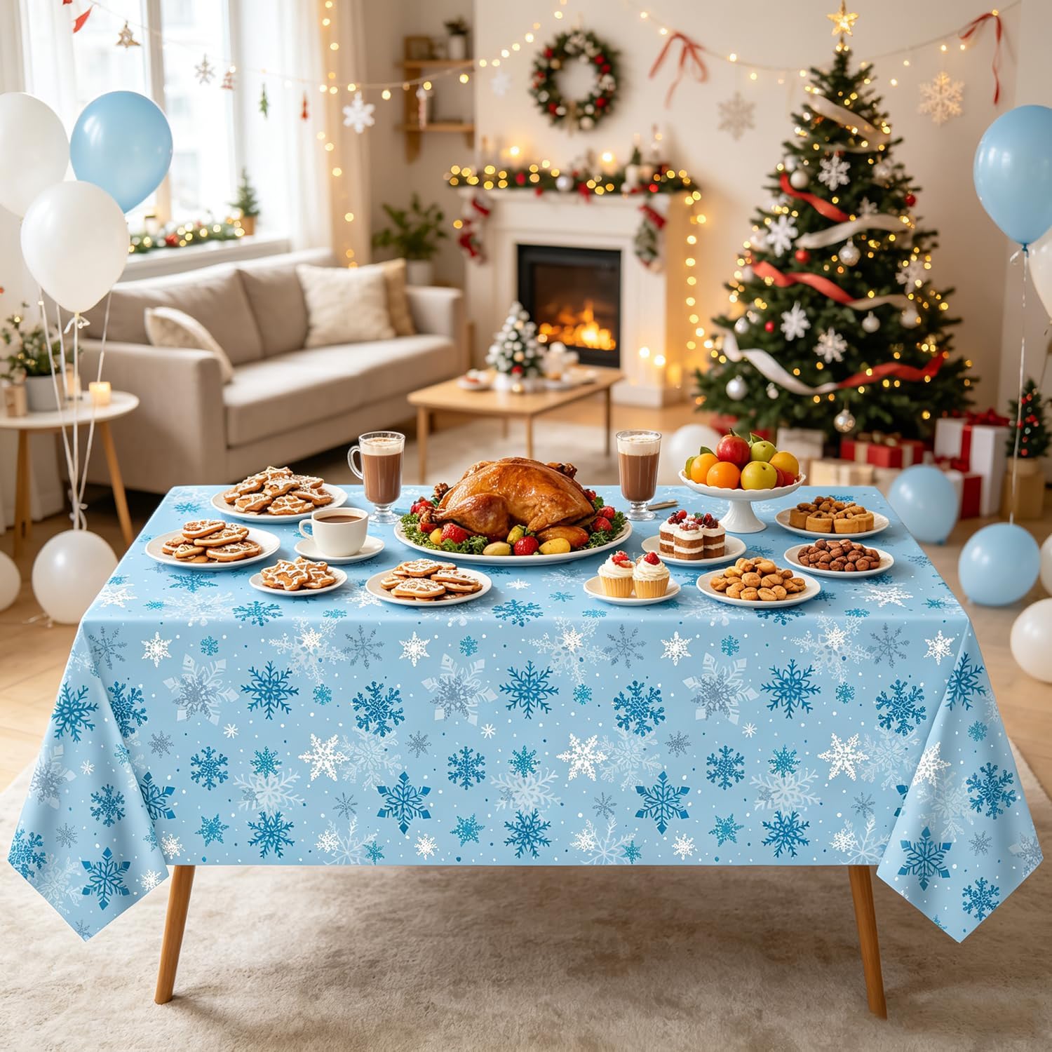 4 Pack Christmas Snowflake Party Tablecloth Blue Snowflake Xmas Party Table Cover 51X86In for Christmas Holiday New Year Party Supplies Decorations image 3