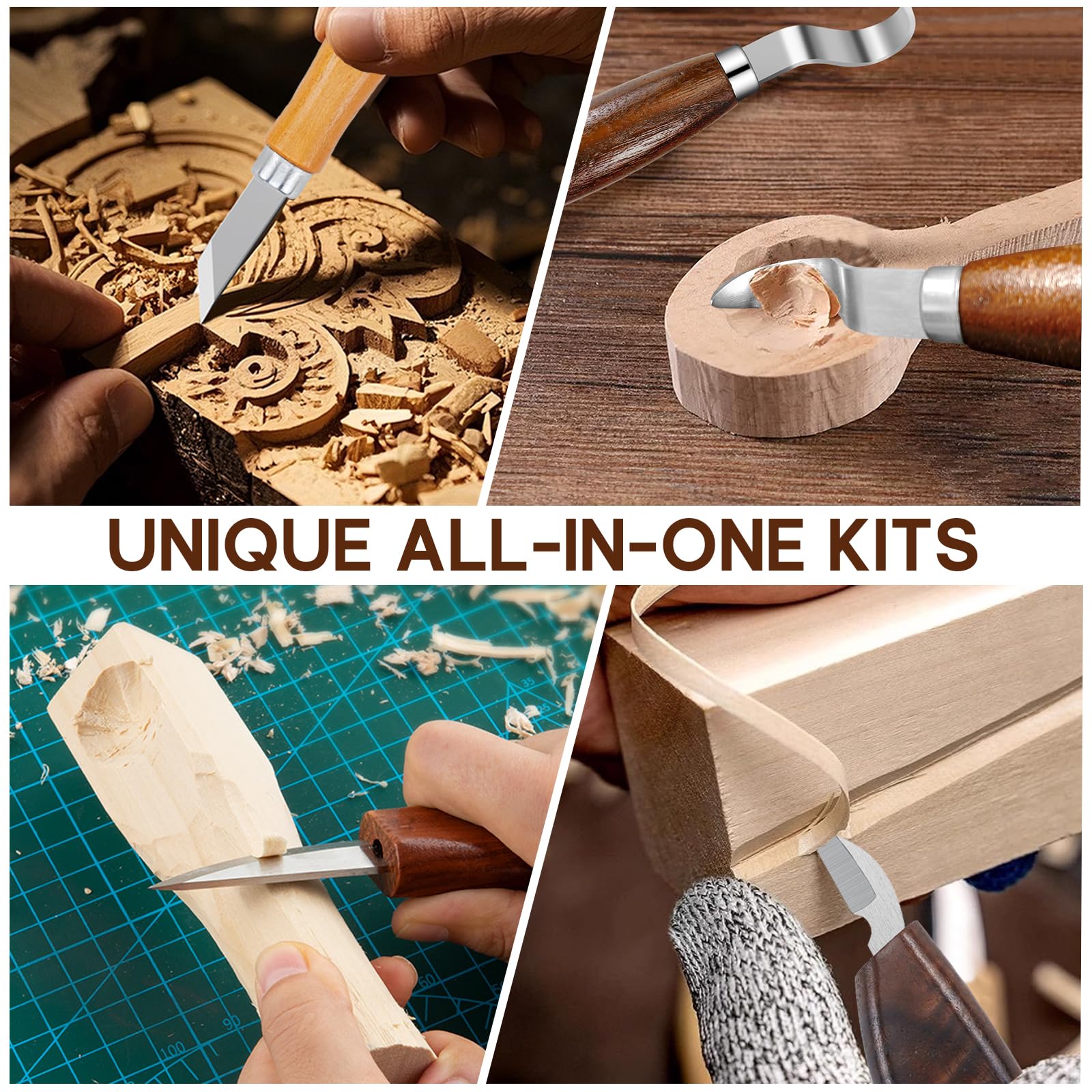 Qingning Kit de Sculpture sur Bois-17pcs, Kit D'outils de Sculpture sur Bois avec Étui en Cuir, Set de Couteaux de Sculpture sur Bois,DIY Kit de Couteaux pour Sculpter pour Débutants et Professionnel