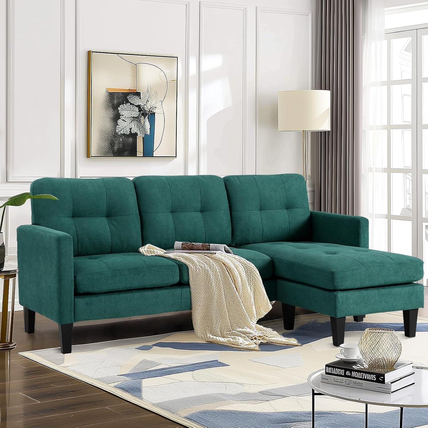 L Shaped Sectional Sofa with Movable Ottoman, Lounge Sectional Sleeper Sofa Couch for Apartment & Small Space, Small Couch for Living Room, Green