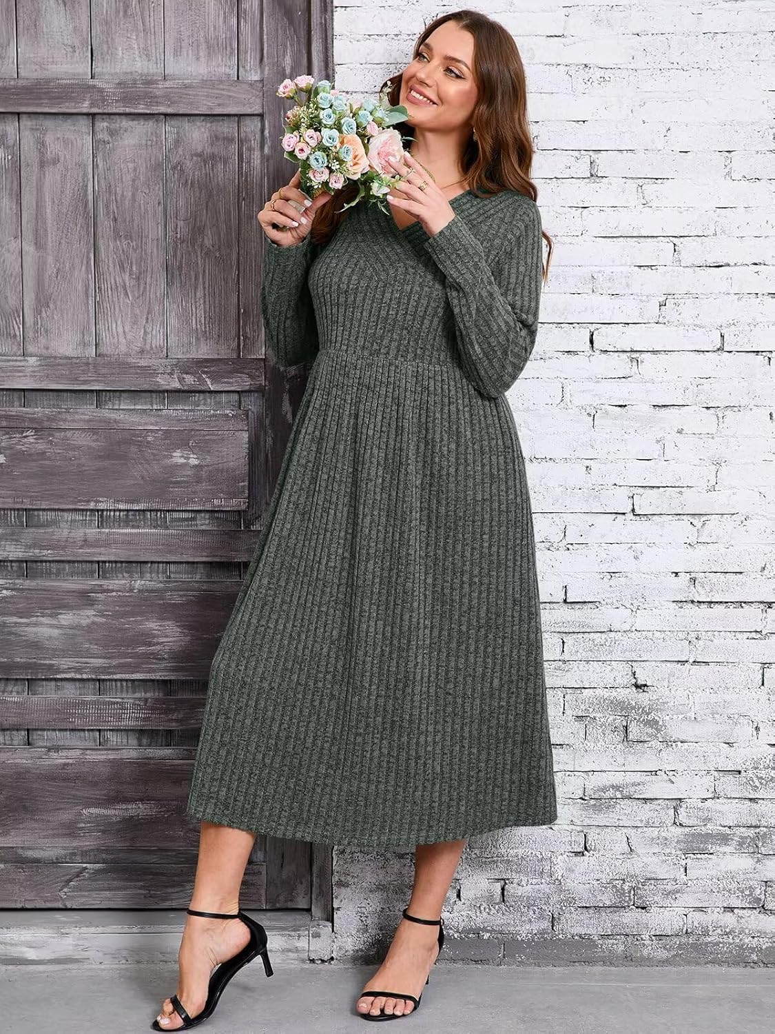 BELAROI Plus Size Maxi Sweater Dresses for Curvy Women Long Sleeve Midi Fall Winter V Neck - Image 2