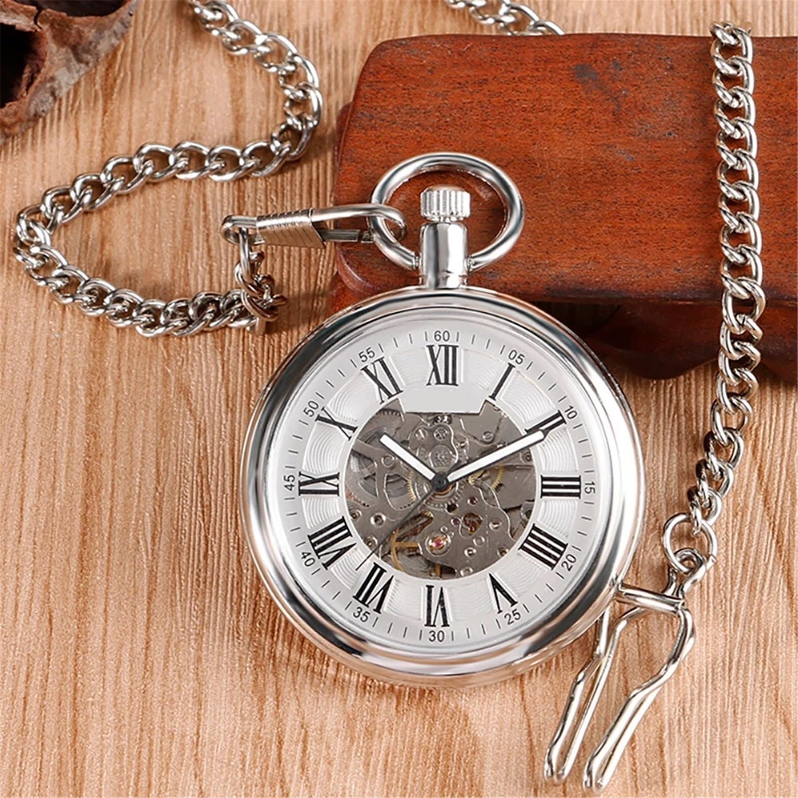 Automatische mechanische Taschenuhr for Herren, selbstaufziehende Taschenuhr, Kettenanhänger mit römischer Zahl