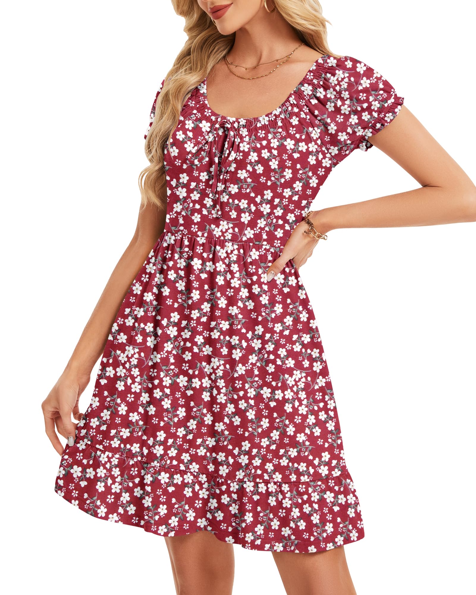 AUSELILY Vestido Mujer Verano Cuello en U Mangas Abullonadas Vestidos | Cintura Elástica Minivestido Informal Vestidos Playa Elegante Leicht Corto Hasta la Rodilla con Bolsillos
