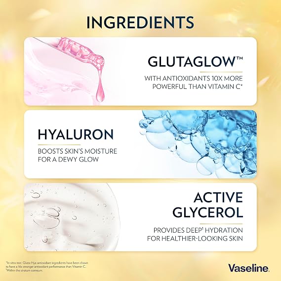 Vaseline Gluta-Hya Flawless Tone Serum Burst Lotion Moisturiser – Body Lotion with GlutaGlow™, Glycerol, Hyaluron & Antioxidants 10x Stronger Than Vitamin C*, Reduces Dark Spots in 5 Days 200ml