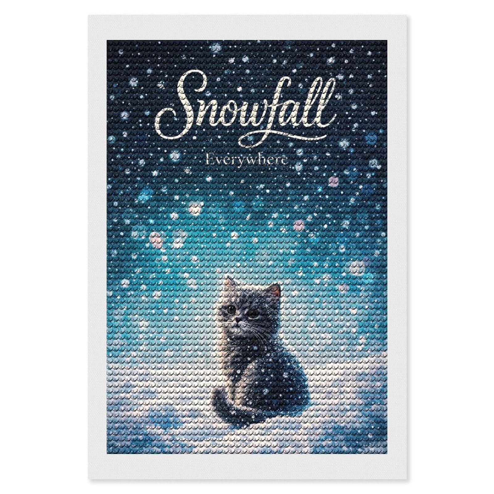 Junmoney Cute Kitten in Snowfall Diamond Painting Canvas Kit 8"x12", Adhesive Canvas, Christmas Gift, Full Kit Included, Thoughtful Present