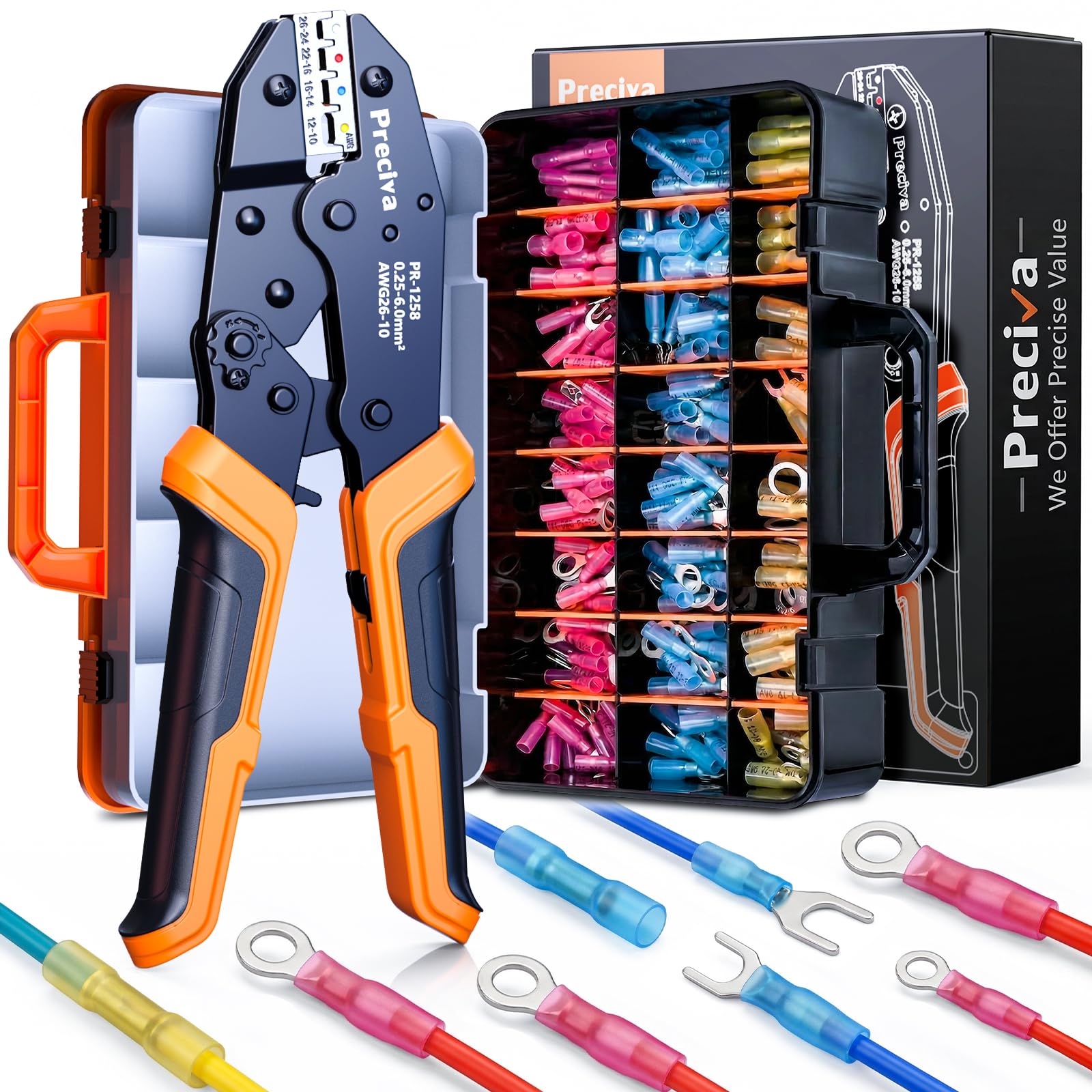 Preciva Heat Shrink Crimping Plier Kit with 220pcs Terminals - 0.25-6mm² Insulated Crimping Tools with Four-Colour Jaw and Ratchet Machanism, AWG20-10 Terminal Crimper for Electronic Jobs