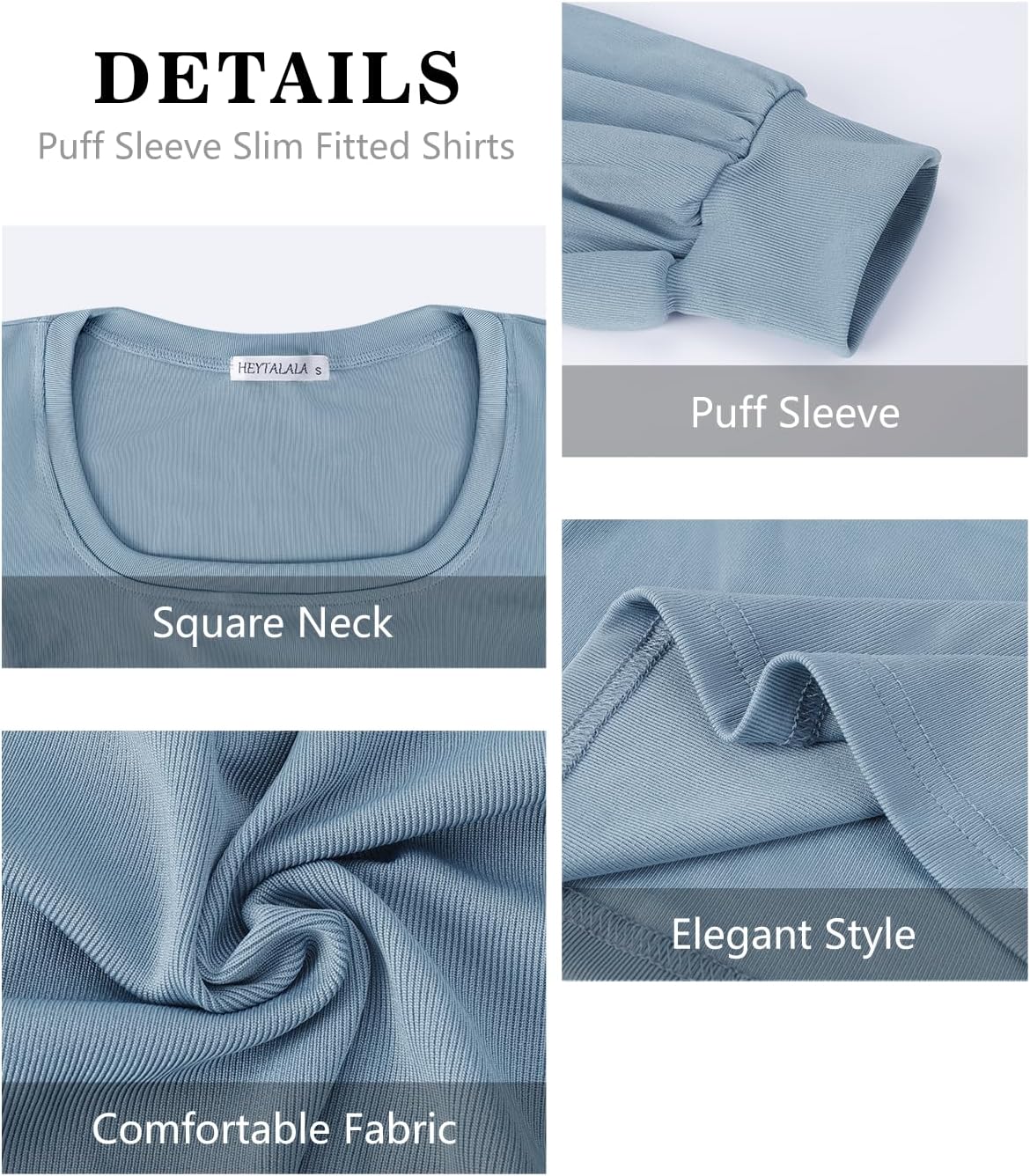 Womens Puff Long Sleeve Tops Square Neck Ribbed Knit Slim Fit Blouse Basic Tee Tops Elegant T Shirts - Image 5