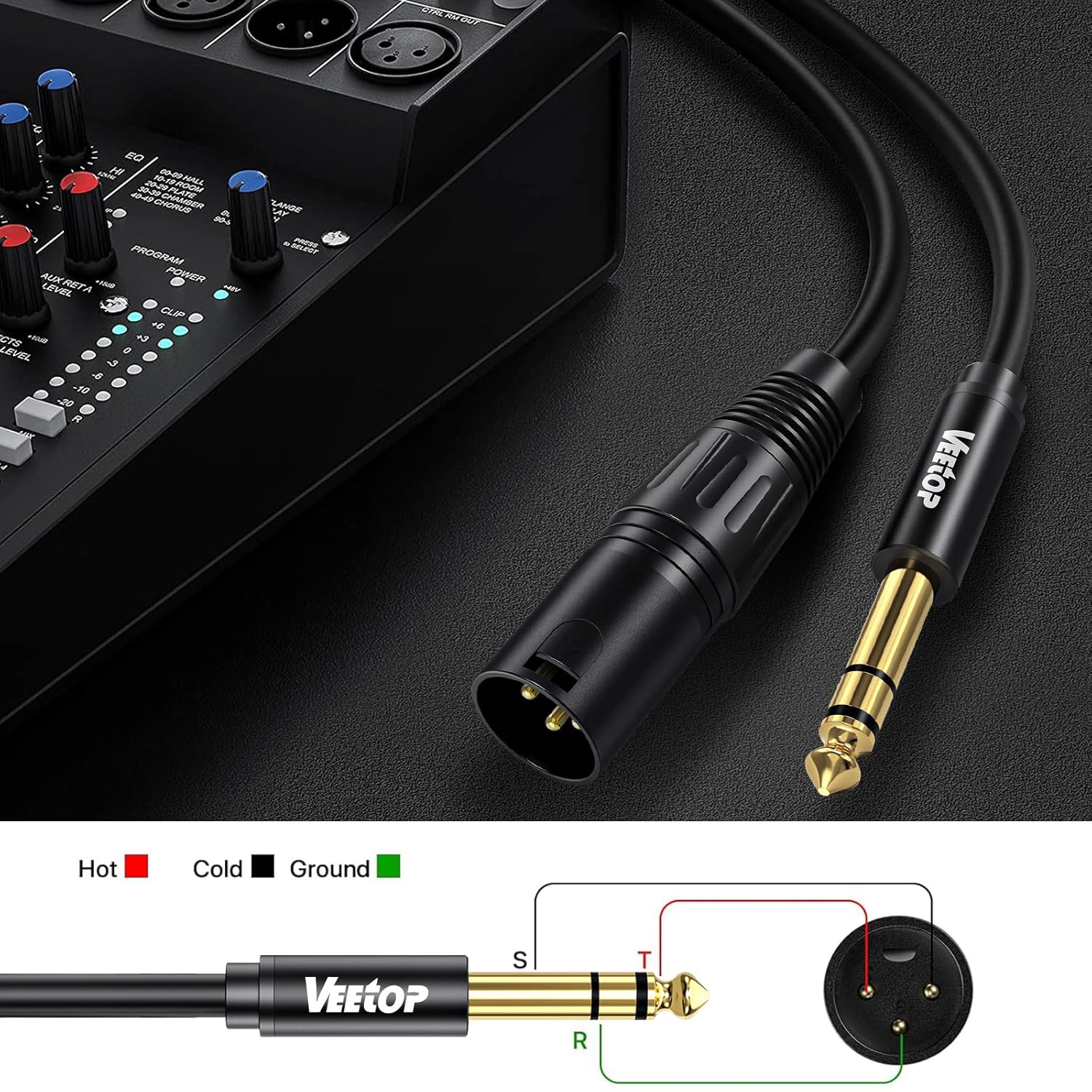 Veetop 1/4 inch TRS to XLR male cable with a diagram illustrating the balanced pinout connections
