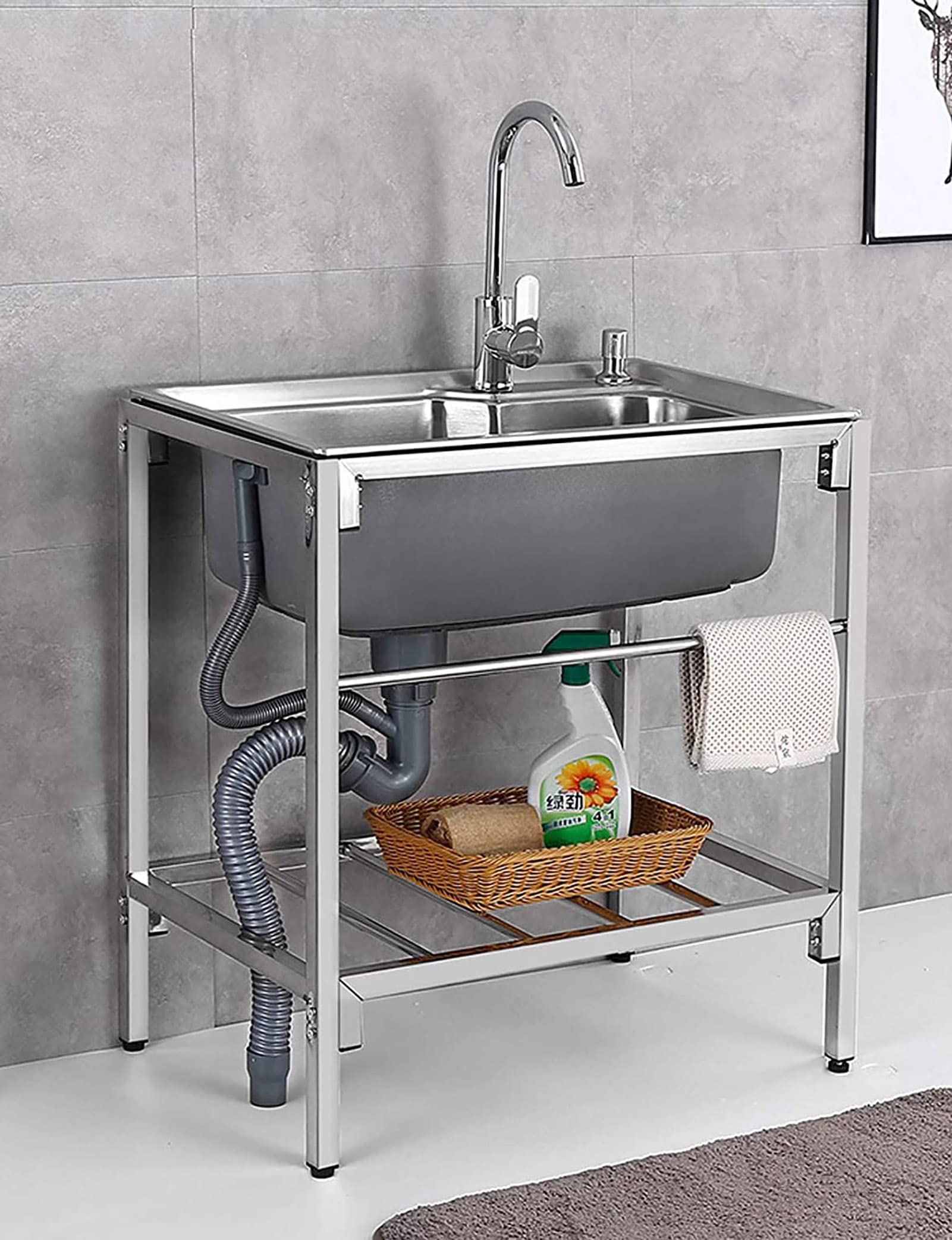 Évier commercial en acier inoxydable 52X38CM lavabo intérieur extérieur avec robinet