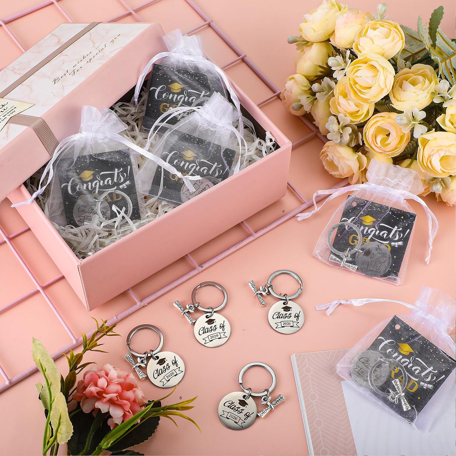 Colarr 36 Set Class of 2026 Graduation Keychains Gift Set with Organza Bag Congrats Card for Him or Her Graduation Gifts