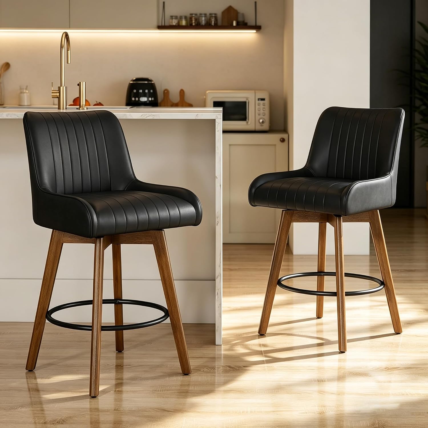 Bar Stools Set of 2 with Backrest Spring Core & 12 cm Padding Faux Leather 360  Rotation 66 cm Seat Height Padded Bar Stools up to 150 kg Solid Wood Legs & Metal Footrest Kitchen