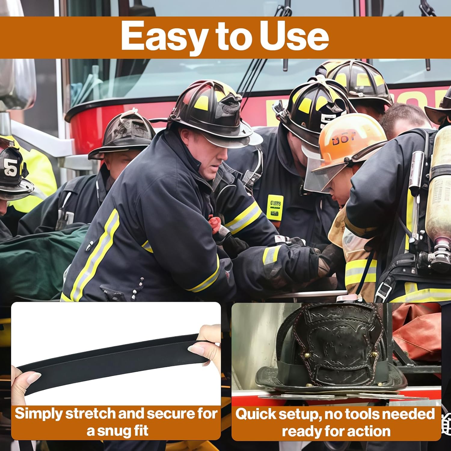 (6-Pack) Firefighter Helmet Bands, Heavy Duty Rubber Helmet Strap – Fits Modern & Traditional Fire Helmets & Hard Hats – Non-Slip, Heat & Weather Resistant, Holds Flashlight, Wedge, Gloves, Black