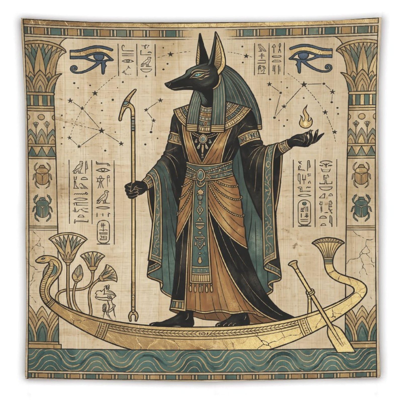 H3B8U2Y5 Anubis Boat Egyptian Wall Tapestry, Detailed Illustration