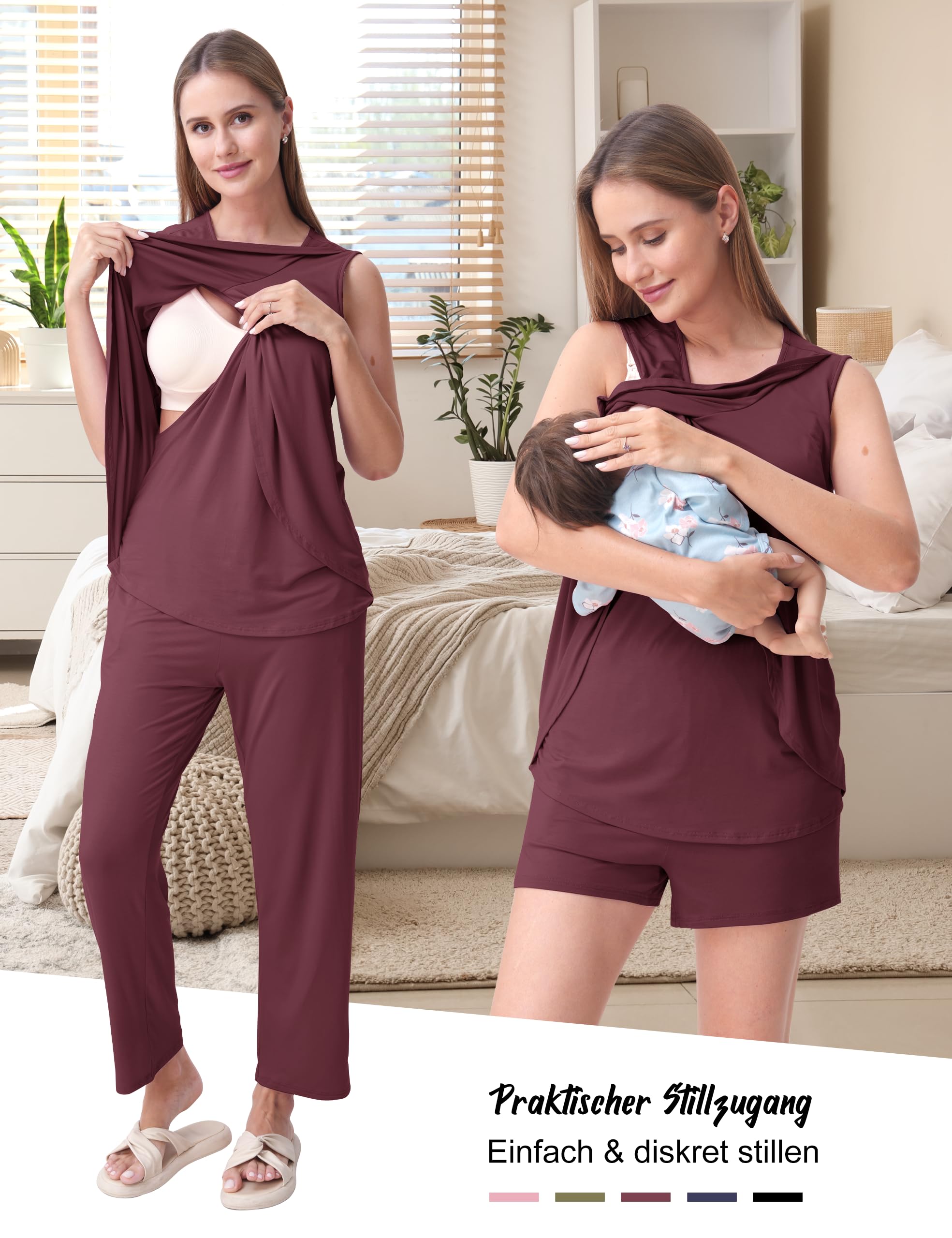 SUNNYBUY 4-teiliges Umstands Stillpyjama Set mit Kimono, unsichtbares Stillen, für Zuhause & Freizeit, Schwangerschaft & Stillzeit