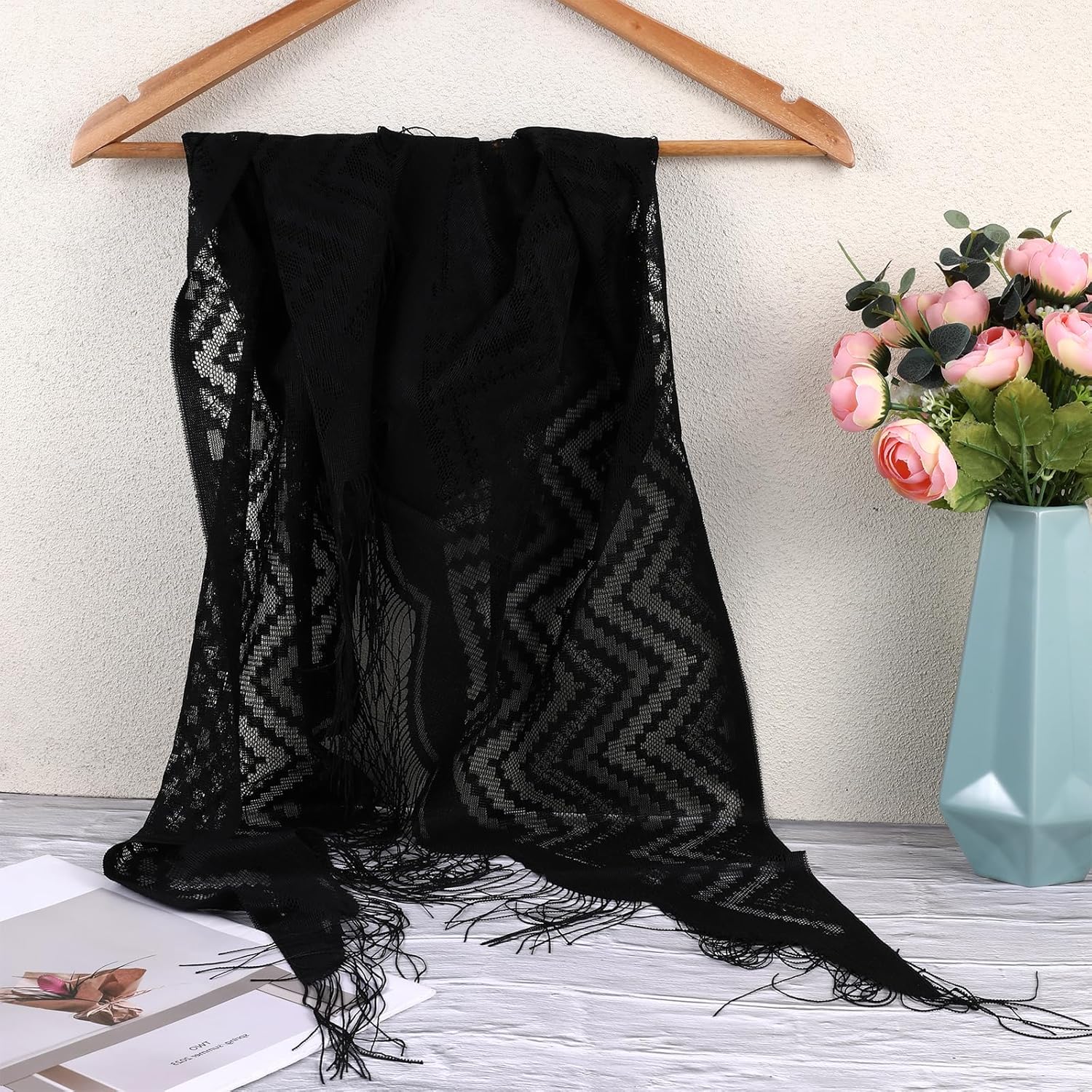 Larrel Black Lace Shawl,Triangle Lace Shawls and Wraps for Evening Dresses with Tassels Soft Mesh Fringe Wraps Elegant Shawl for Evening Party Mesh Wedding Shawls (Black) - Image 7